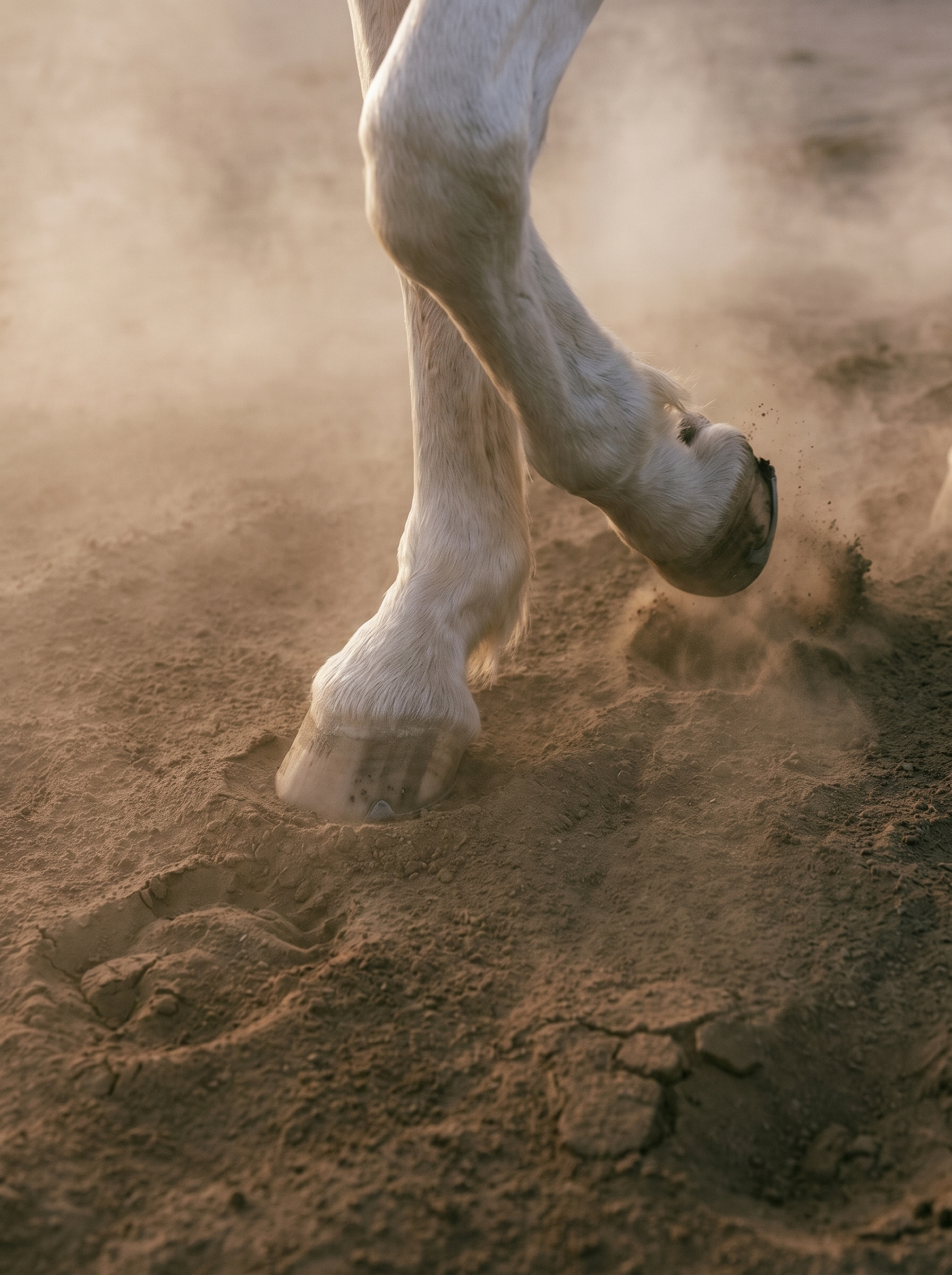 Gros plan des sabots d'un cheval blanc galopant dans la poussière rouge-brune