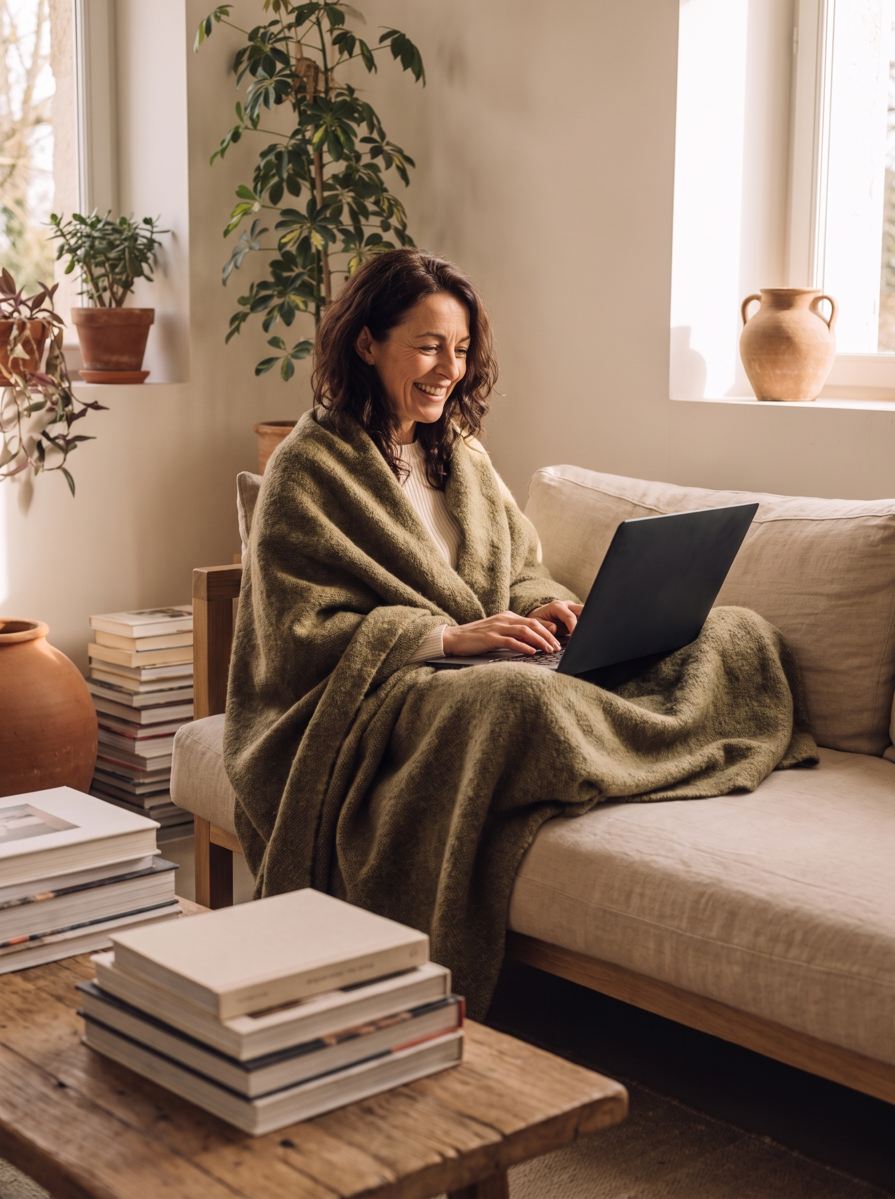 Femme brune enveloppée dans une couverture kaki travaillant sur son laptop dans un salon cosy