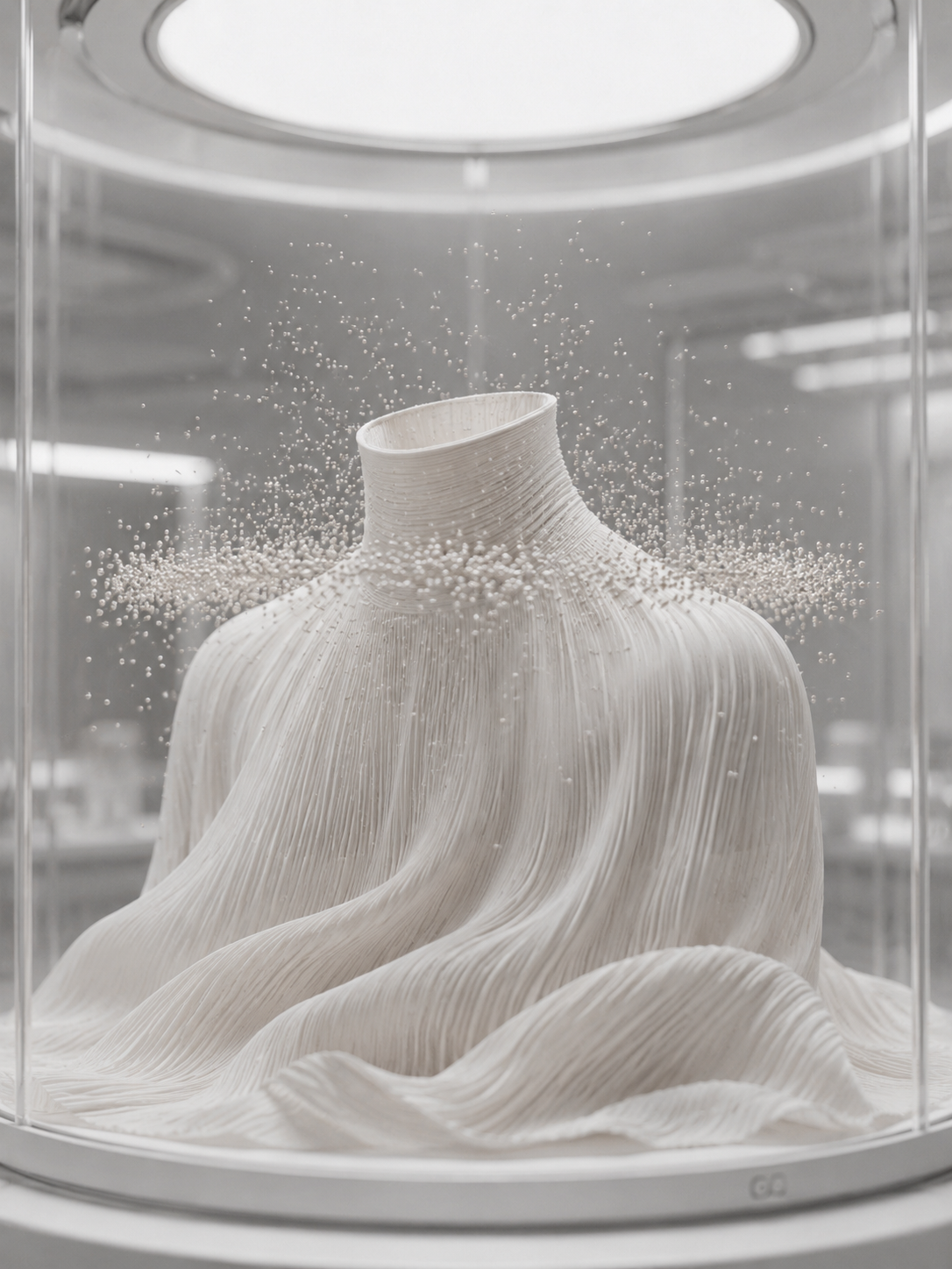 Sculpture textile plissée sous cloche en verre cylindrique, nuée de perles autour du col, environnement laboratoire