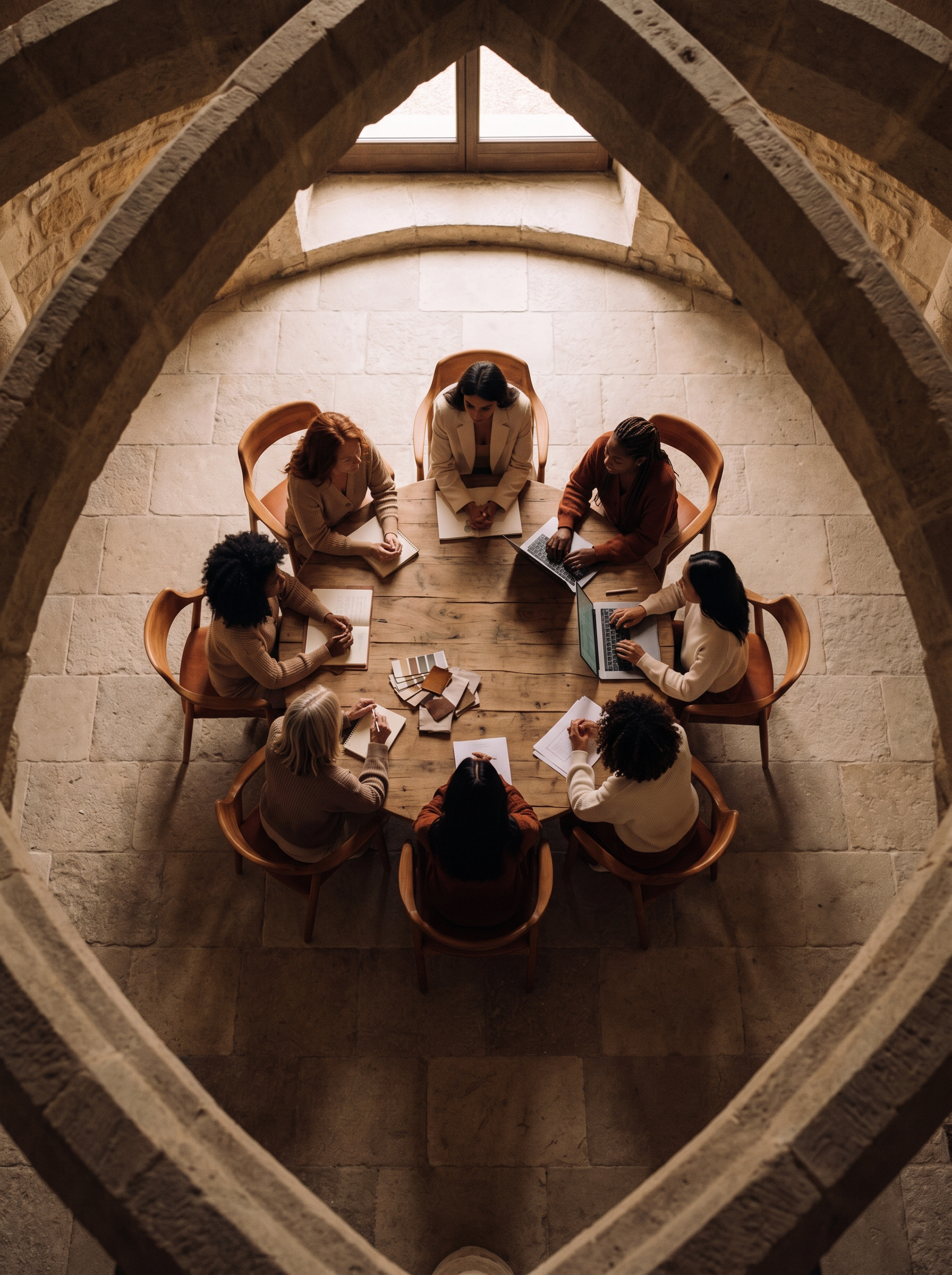 Vue de dessus d'une réunion créative sous des arches en pierre avec nuanciers et laptop
