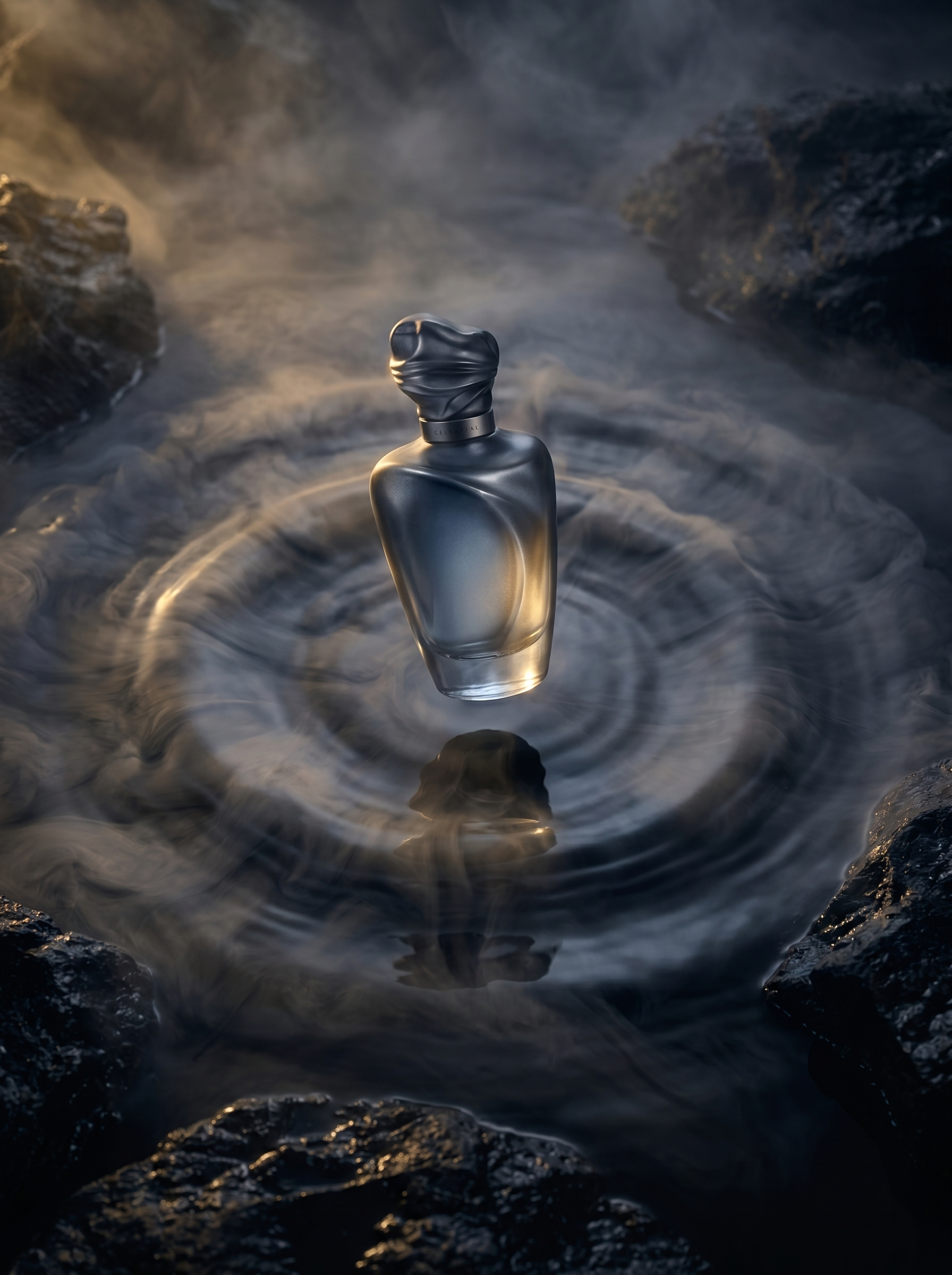 Flacon de parfum en lévitation dans vortex d'eau – roches volcaniques noires, brume, vue plongeante