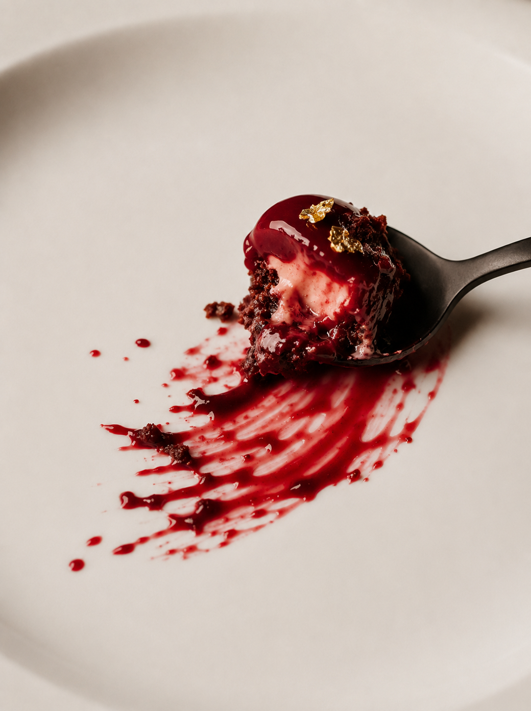 Fourchette noire piquant entremets bordeaux – coulis rouge éclaboussé sur assiette blanche