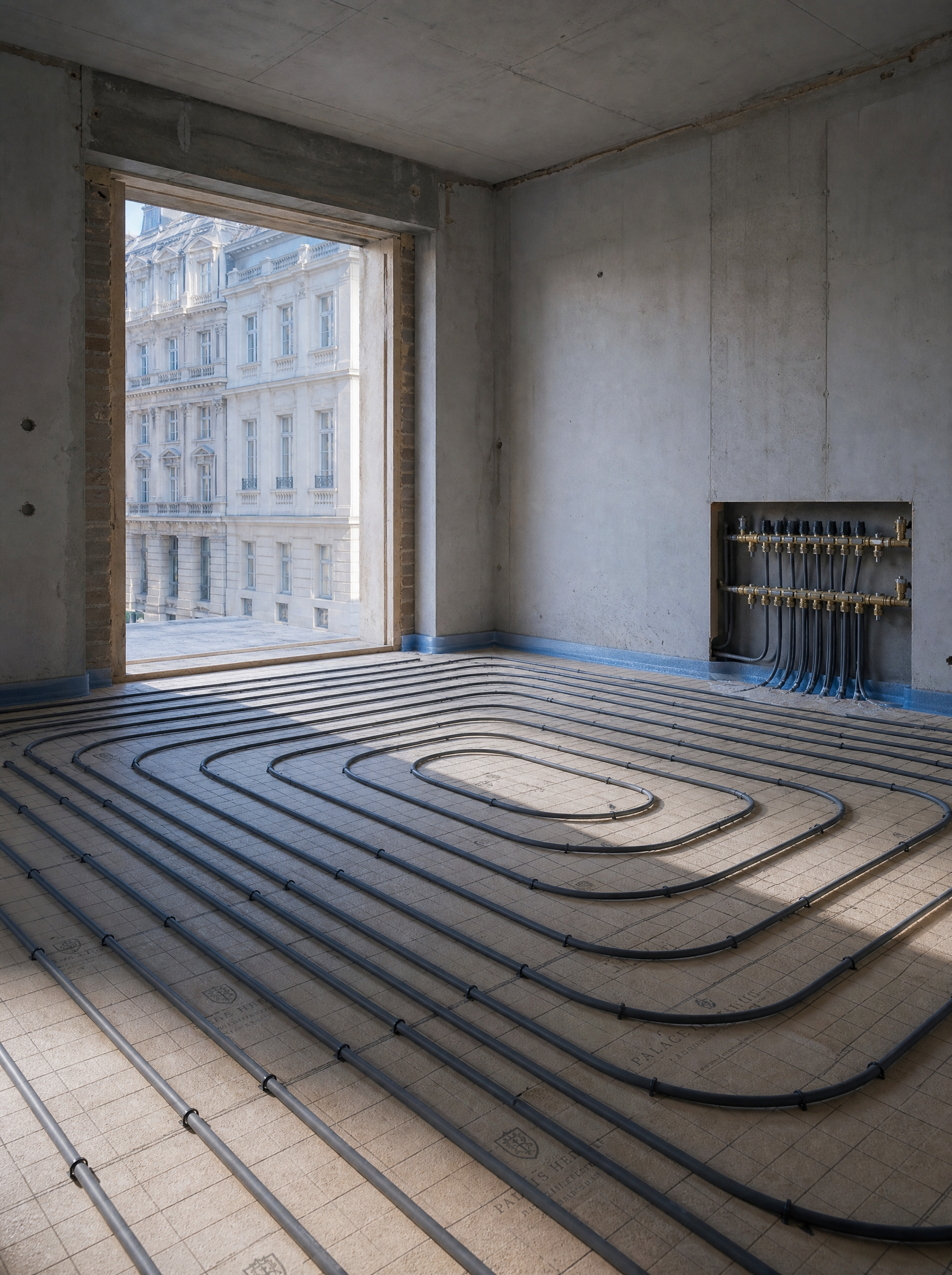 Appartement en cours de construction avec plancher chauffant installé et vue sur immeuble néoclassique