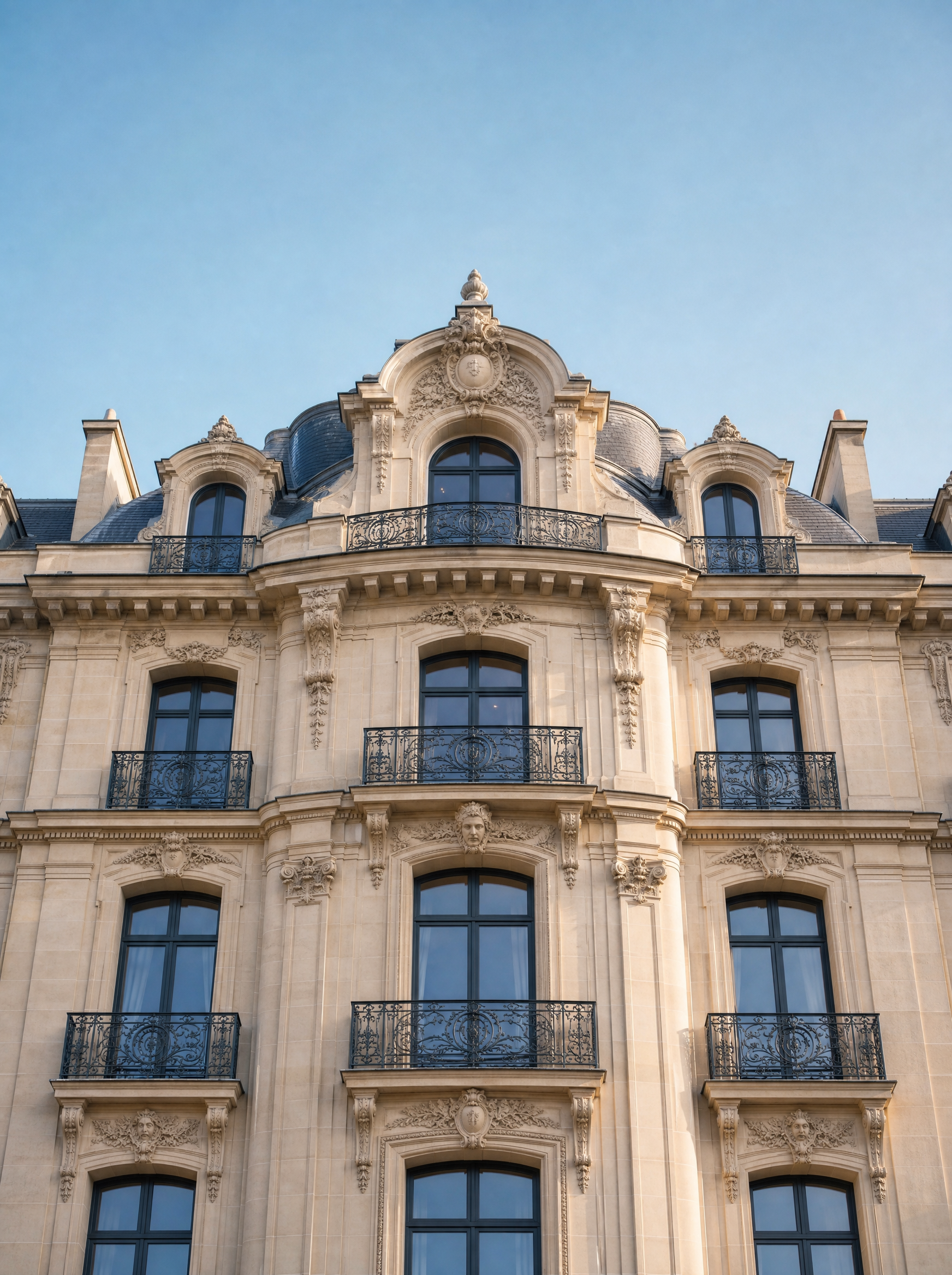 Détail de toiture mansardée et balcons en fer forgé d'un immeuble haussmannien parisien