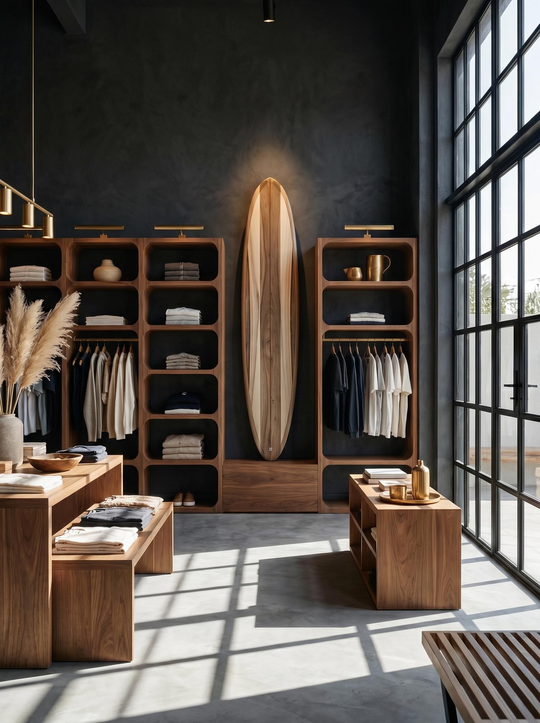 Boutique minimaliste sombre avec planche de surf comme pièce centrale