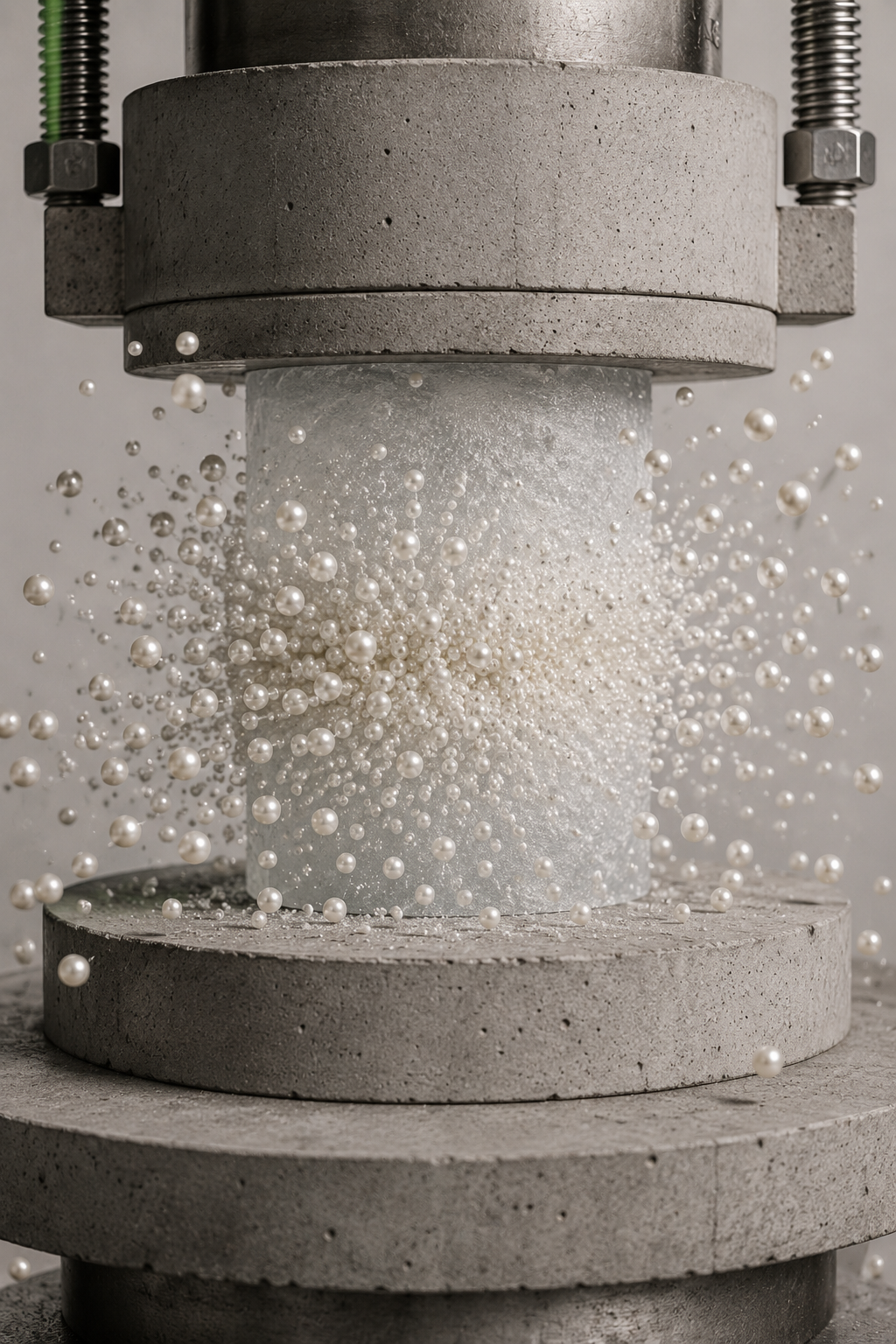 Presse hydraulique industrielle écrasant un cylindre de perles en explosion