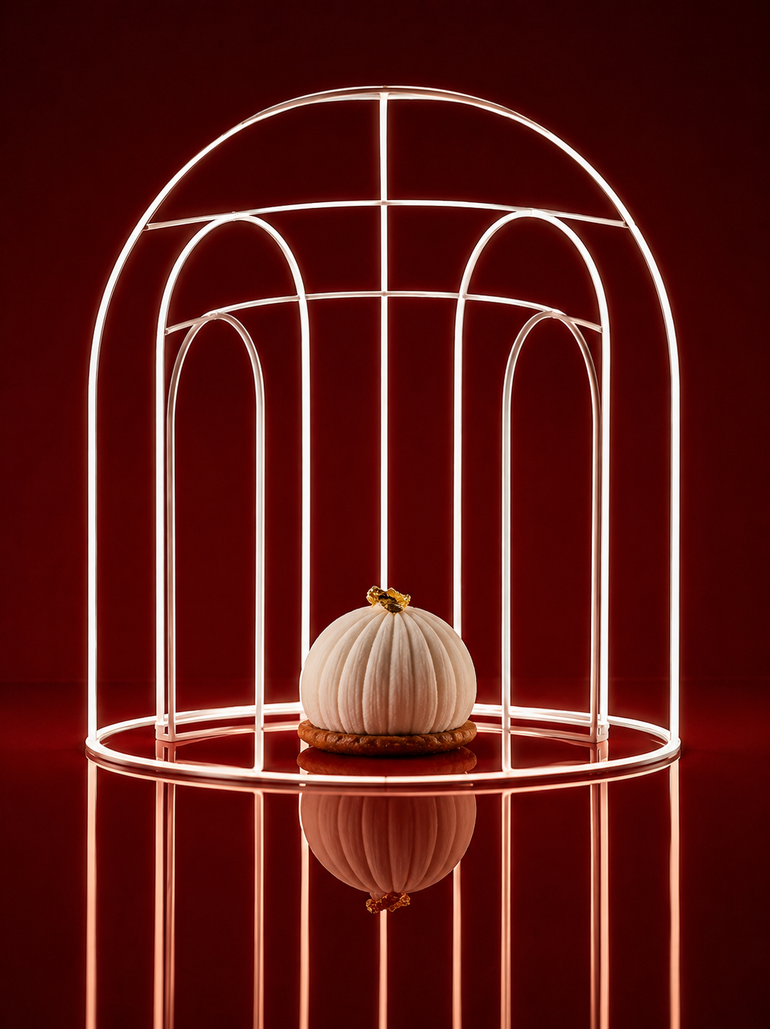 Gâteau citrouille côtelée blanche sur socle doré sous cage architecturale en fils dorés, table-miroir rouge avec reflet