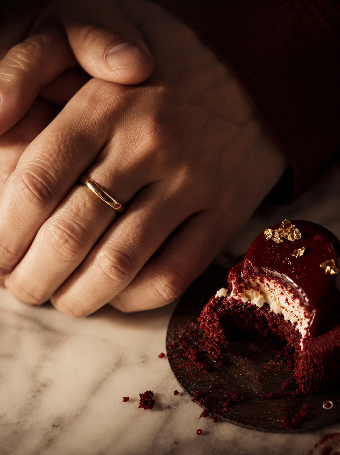 Mains masculines avec bague or posées près d'entremets rouge tranché – table marbre, intime