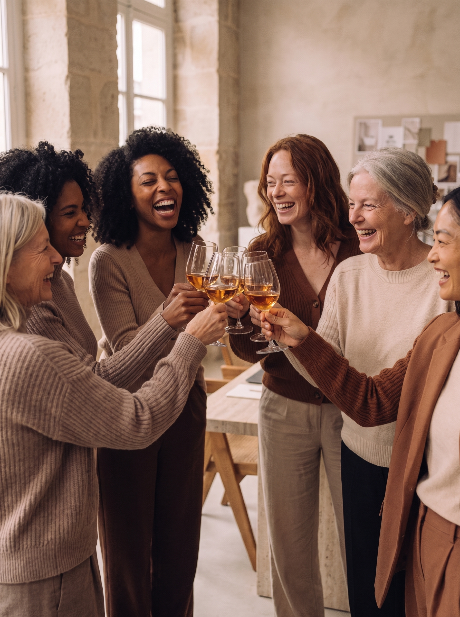 Six femmes diverses trinquant avec du vin dans leur atelier en fin de journée