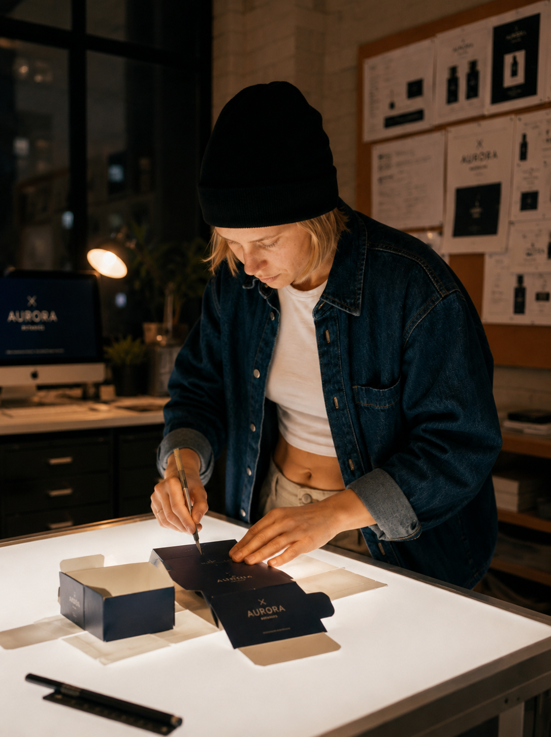 Graphiste table lumineuse – emballage marine, studio sombre