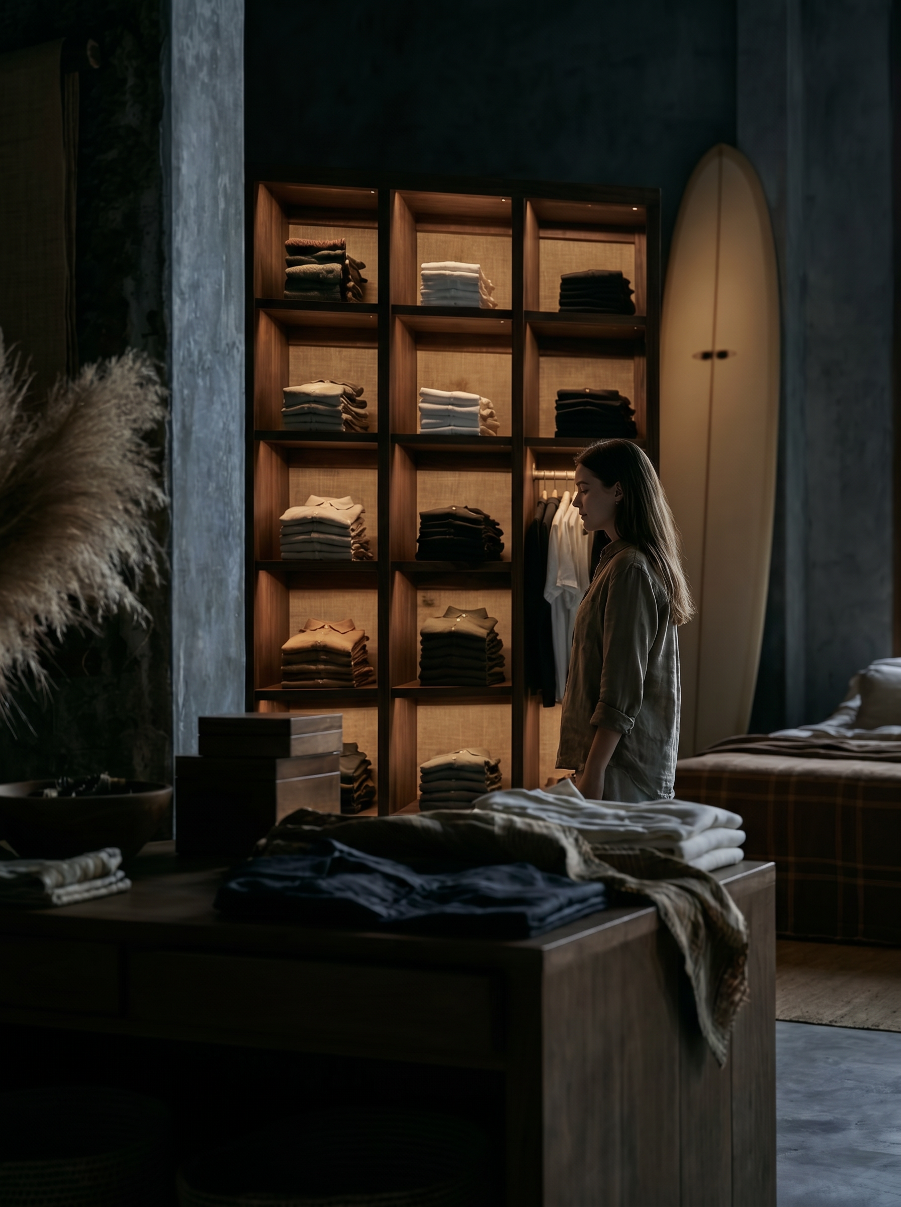 Femme parcourant des vêtements sur des étagères rétroéclairées dans une boutique sombre
