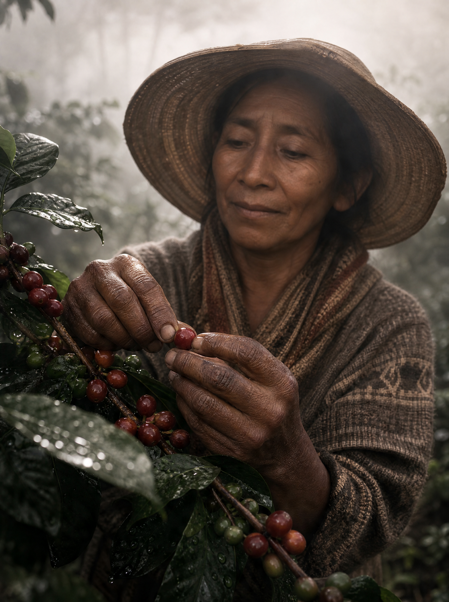 Femme cueilleuse avec chapeau de paille – cerises rouges et vertes, mains, plantation brumeuse
