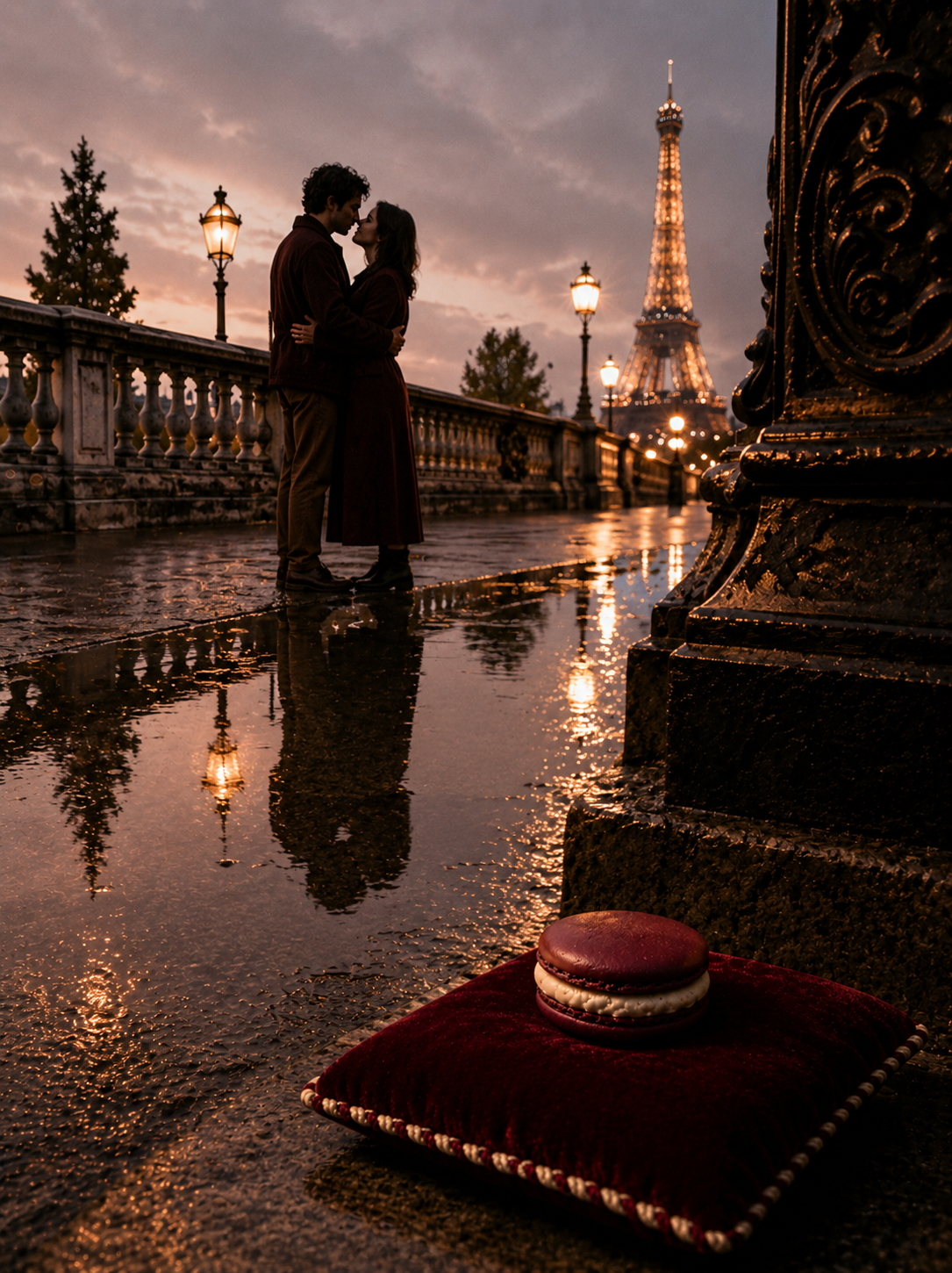 Pont Alexandre III sous la pluie au crépuscule, couple s'embrassant, reflets dans les flaques, macaron rouge sur coussin velours au premier plan, Tour Eiffel illuminée