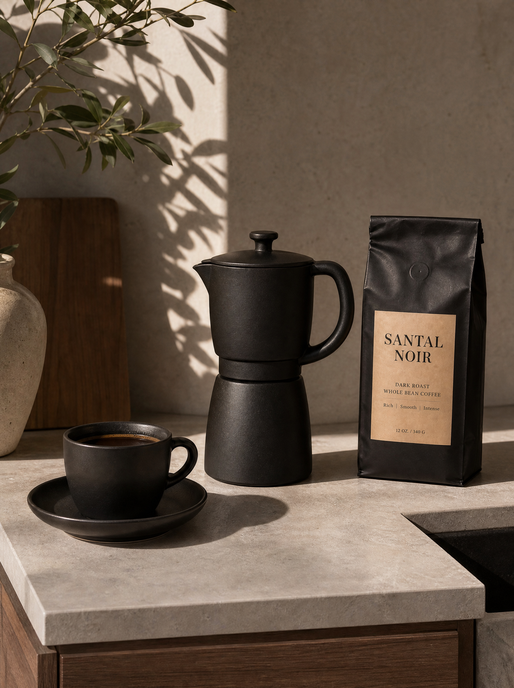 Cafetière moka noire, tasse espresso et sachet café artisanal – comptoir travertin, plante, lumière
