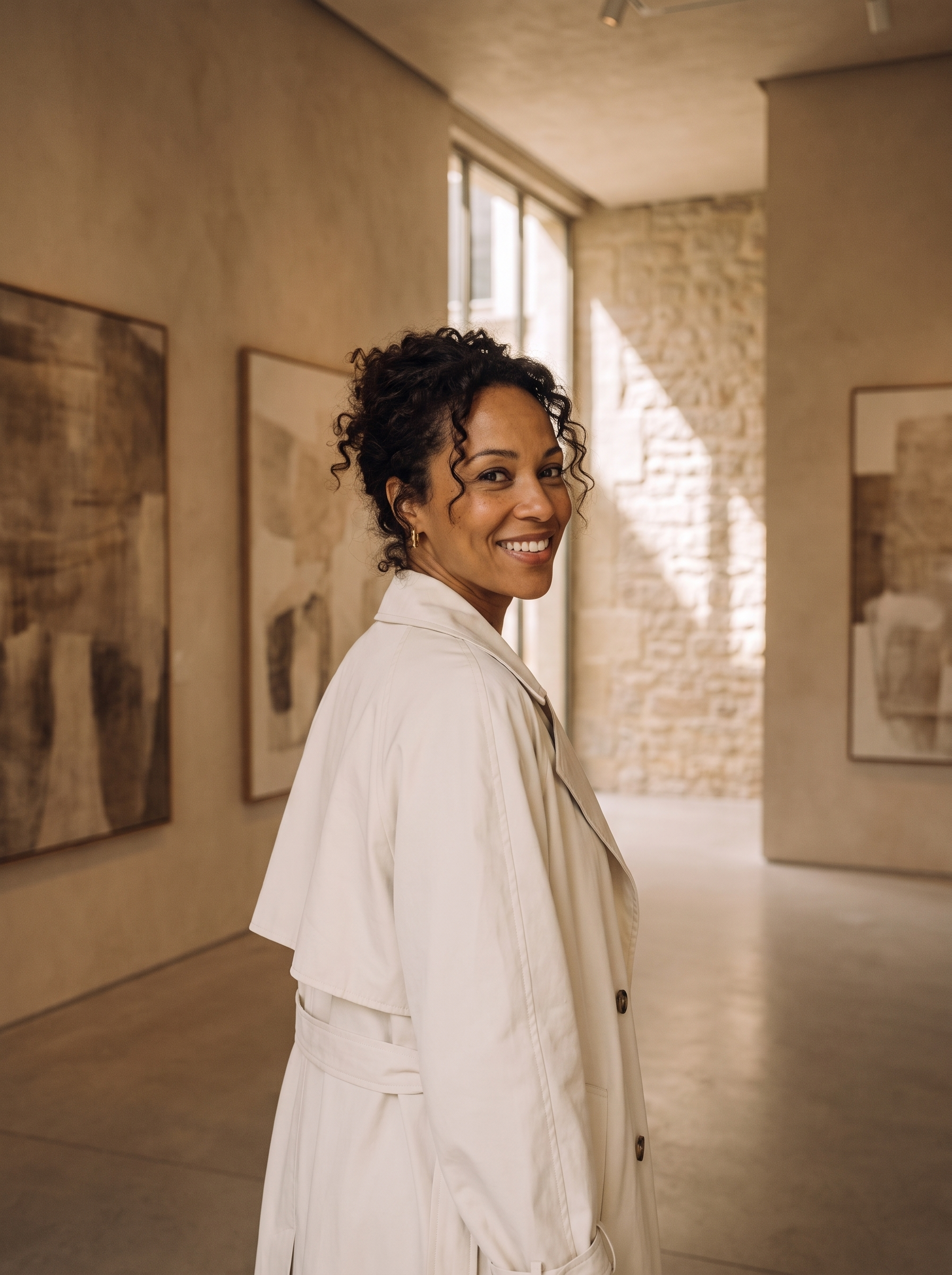 Femme noire en trench blanc visitant une galerie d'art