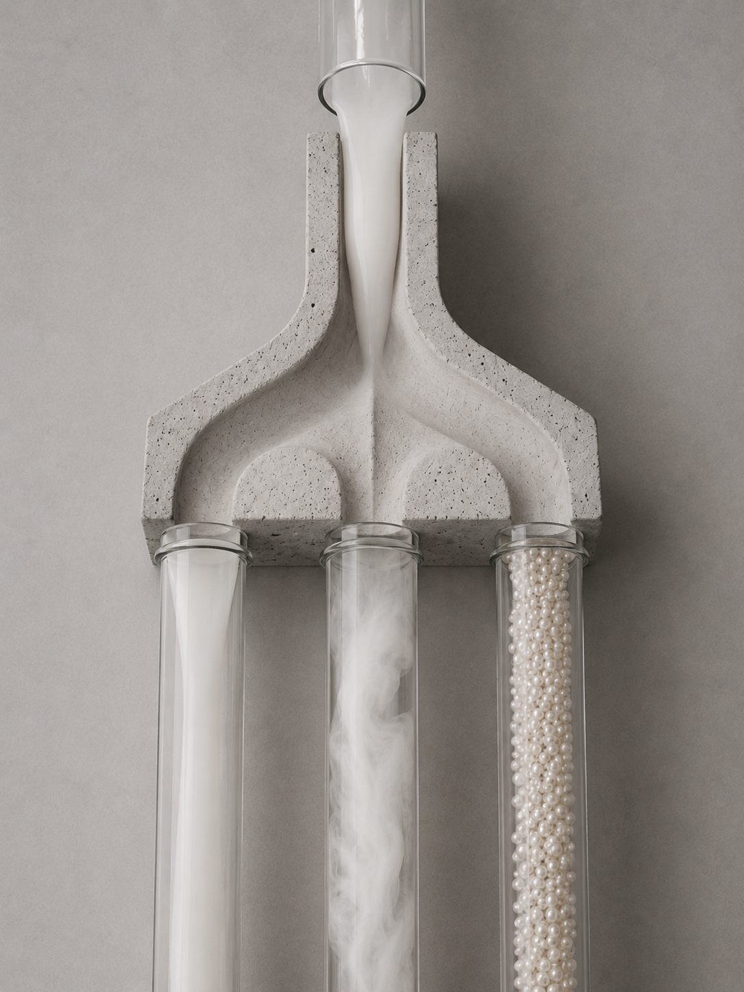 Socle en pierre bifurqué soutenant des tubes de verre remplis de perles, sculpture architecturale nacrée