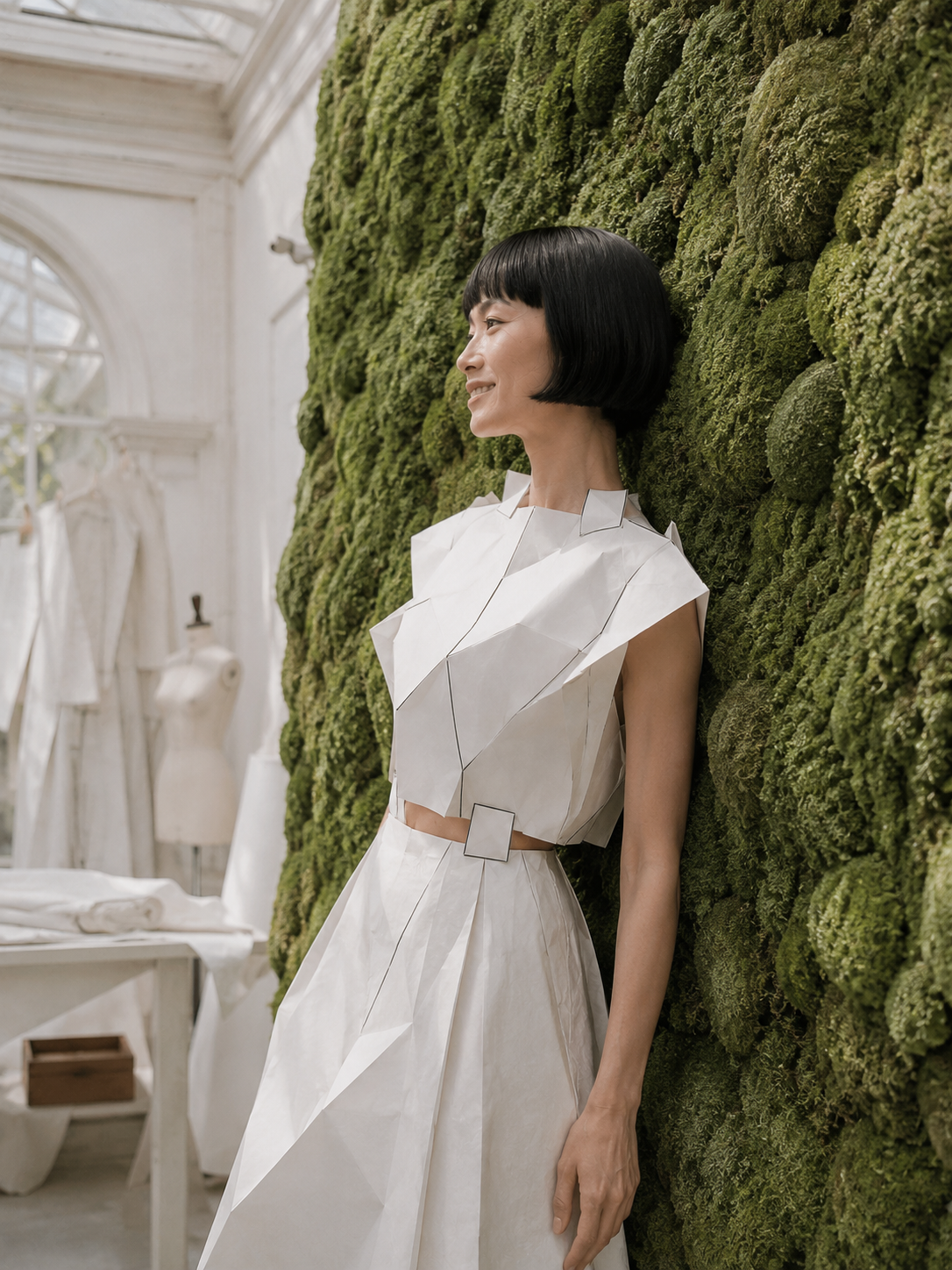 Femme souriante en tenue origami appuyée contre mur de mousses – serre avec verrière et mannequin