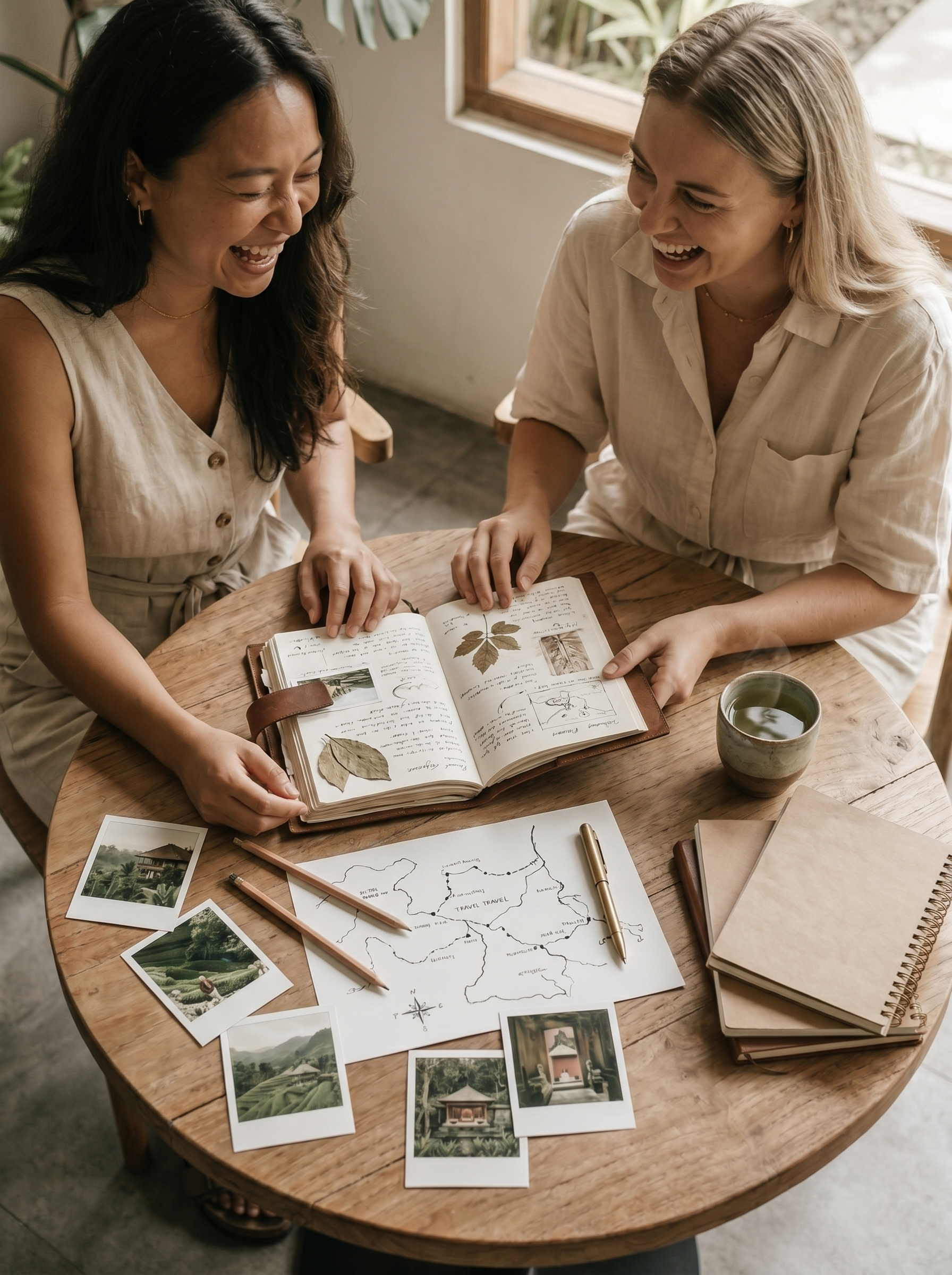 Deux femmes souriant sur table ronde avec carnet de voyage aquarelle ouvert, cartes dessinées de Bali, polaroids de temples, thé vert
