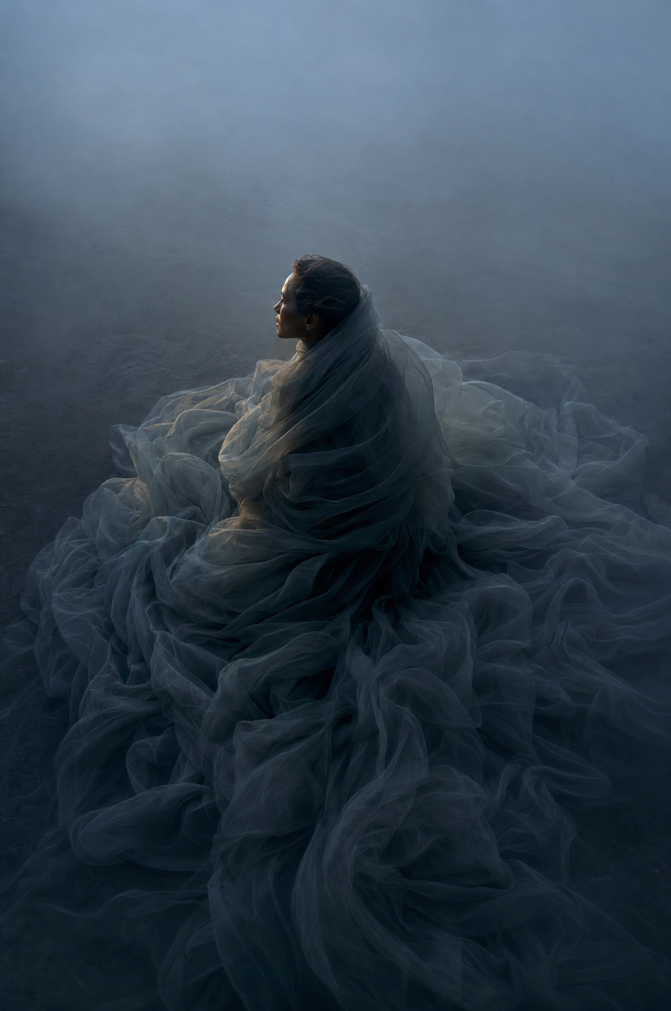 Femme assise enveloppée dans voile gaze bleu-gris – fond brumeux, posture méditative