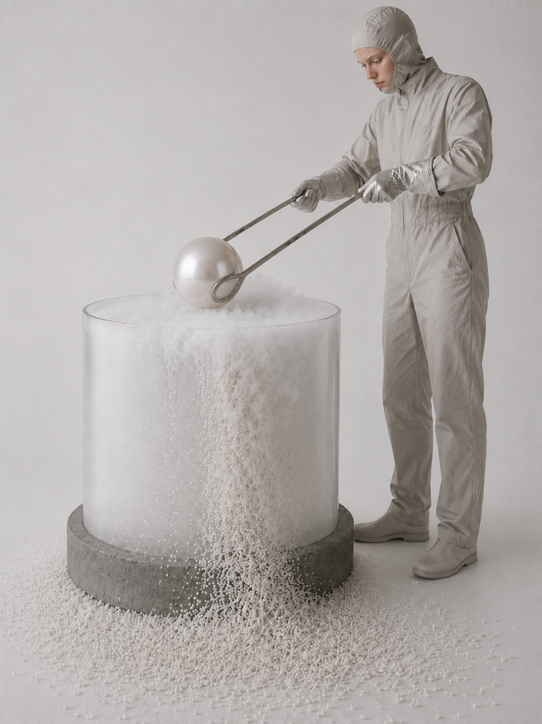 Technicien en combinaison intégrale extrayant une grande perle de son bain bouillonnant avec des pinces
