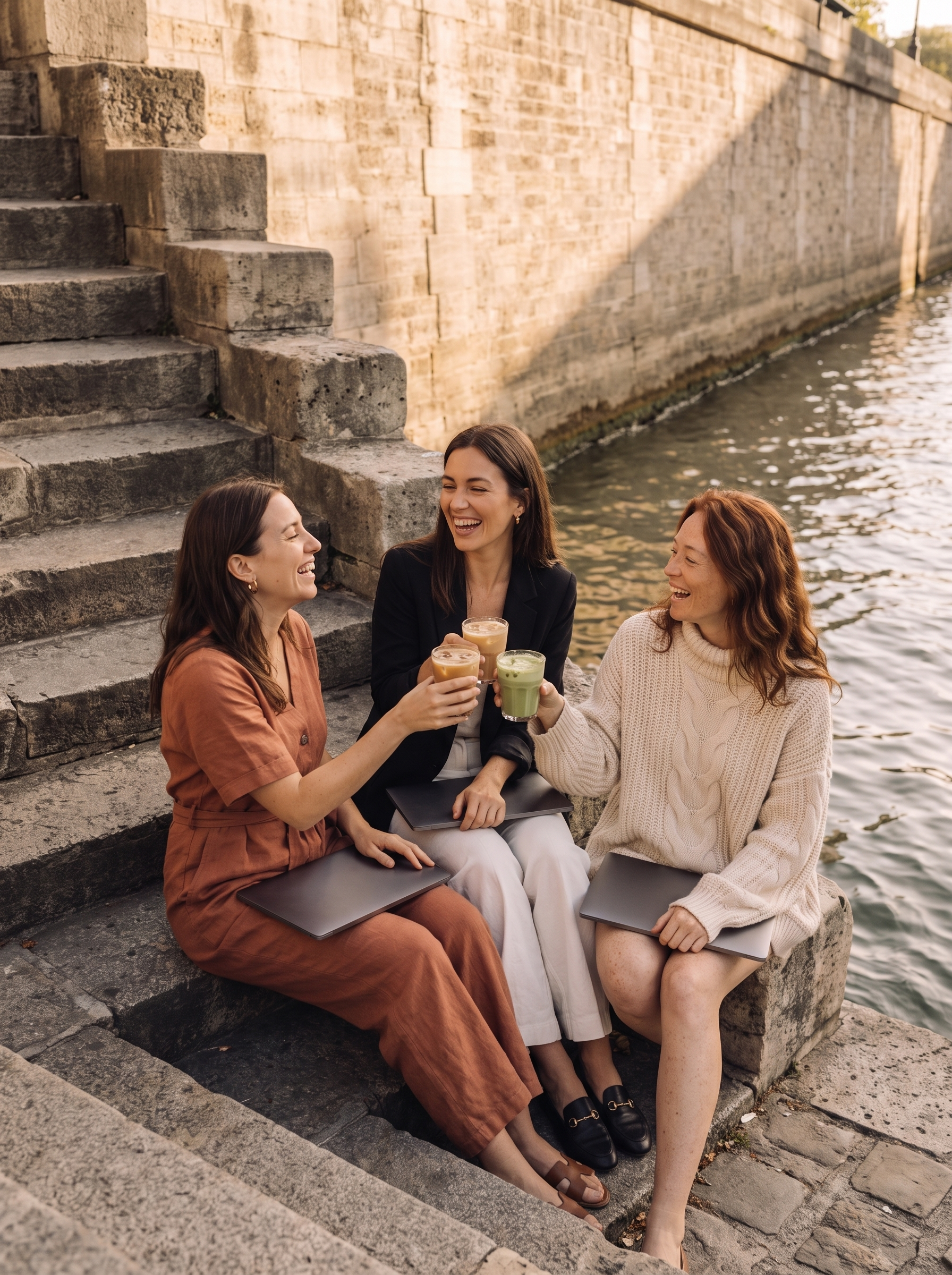 Trois amies trinquant sur les quais de Seine avec laptops