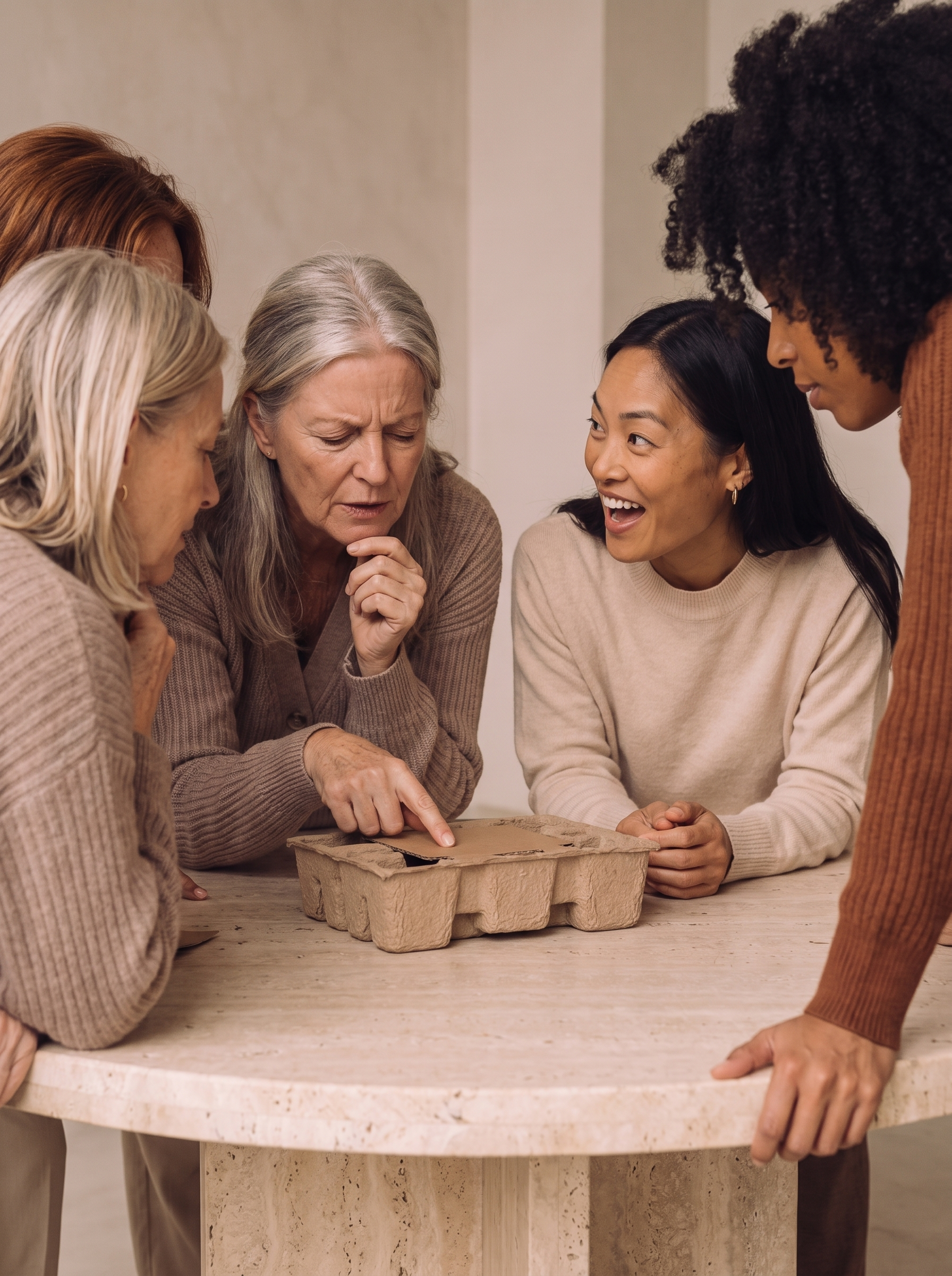 Quatre femmes de générations différentes penchées curieuses autour d'une table en marbre