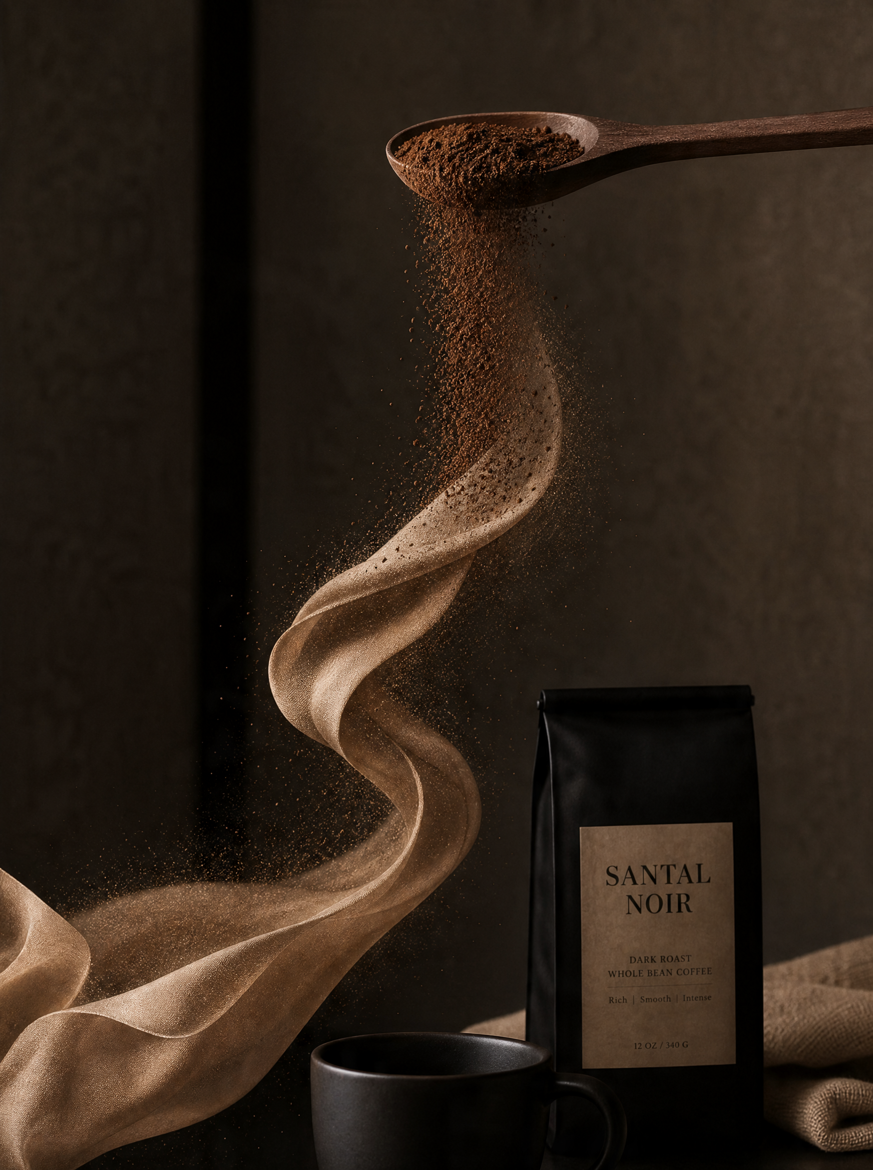 Café moulu en spirale volante depuis cuillère bois – sachet artisanal, mug noir, fond sombre