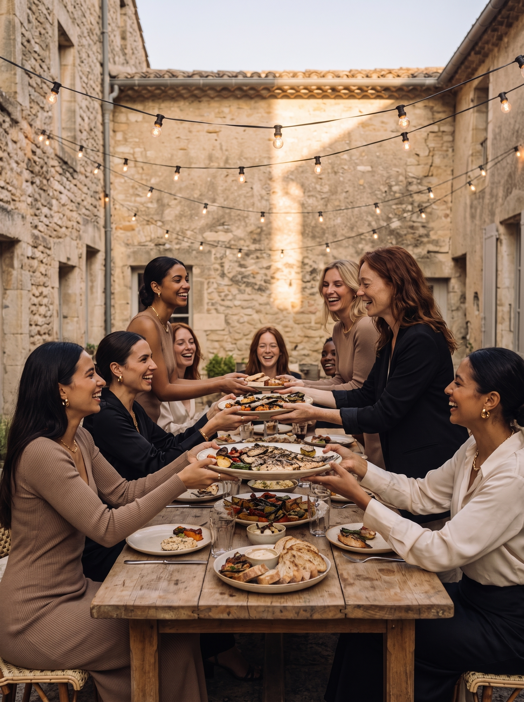 Grand dîner de femmes sous les guirlandes dans une cour en pierre provençale