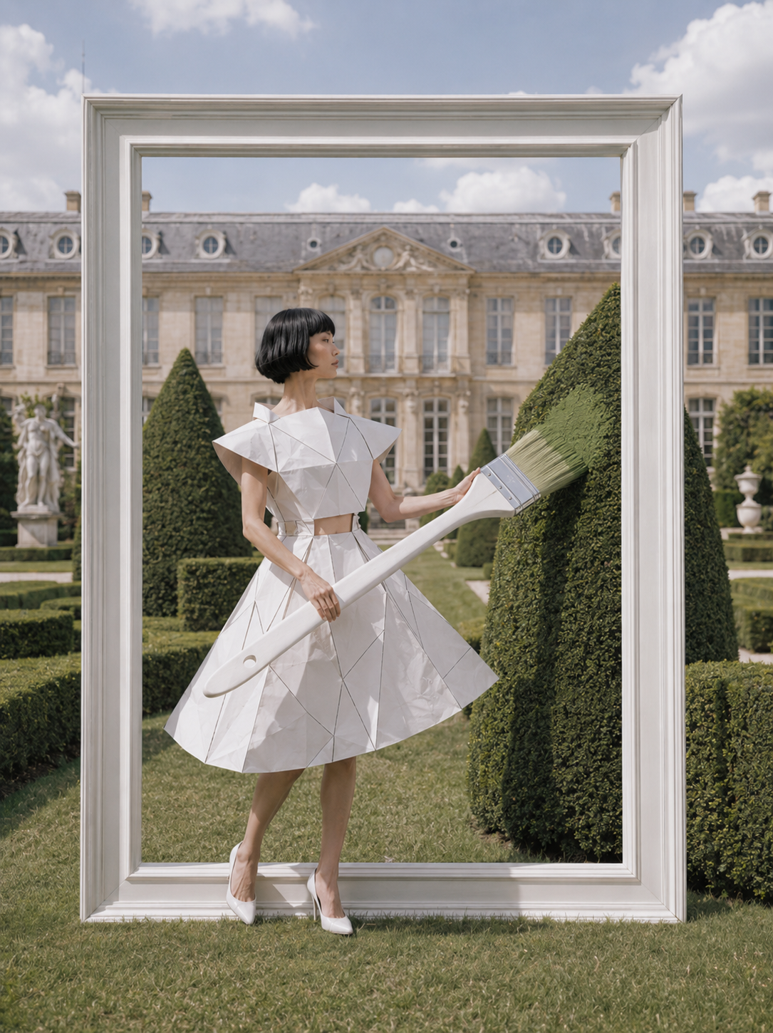Femme en robe origami dans cadre géant peignant une haie – jardin à la française et château