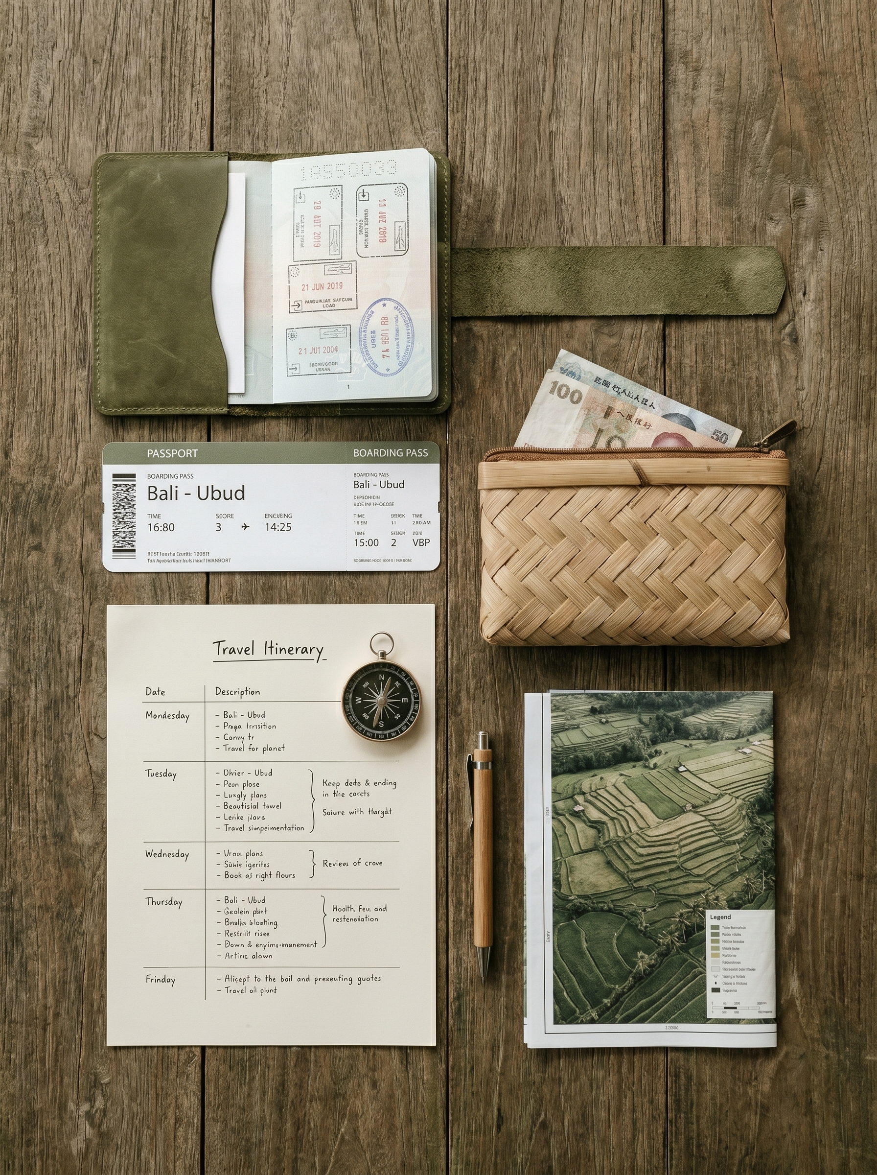 Flat lay parquet bois : porte-passeport kaki ouvert, carte d'embarquement Bali-Ubud, boussole, itinéraire manuscrit, billet de banque et portefeuille bambou