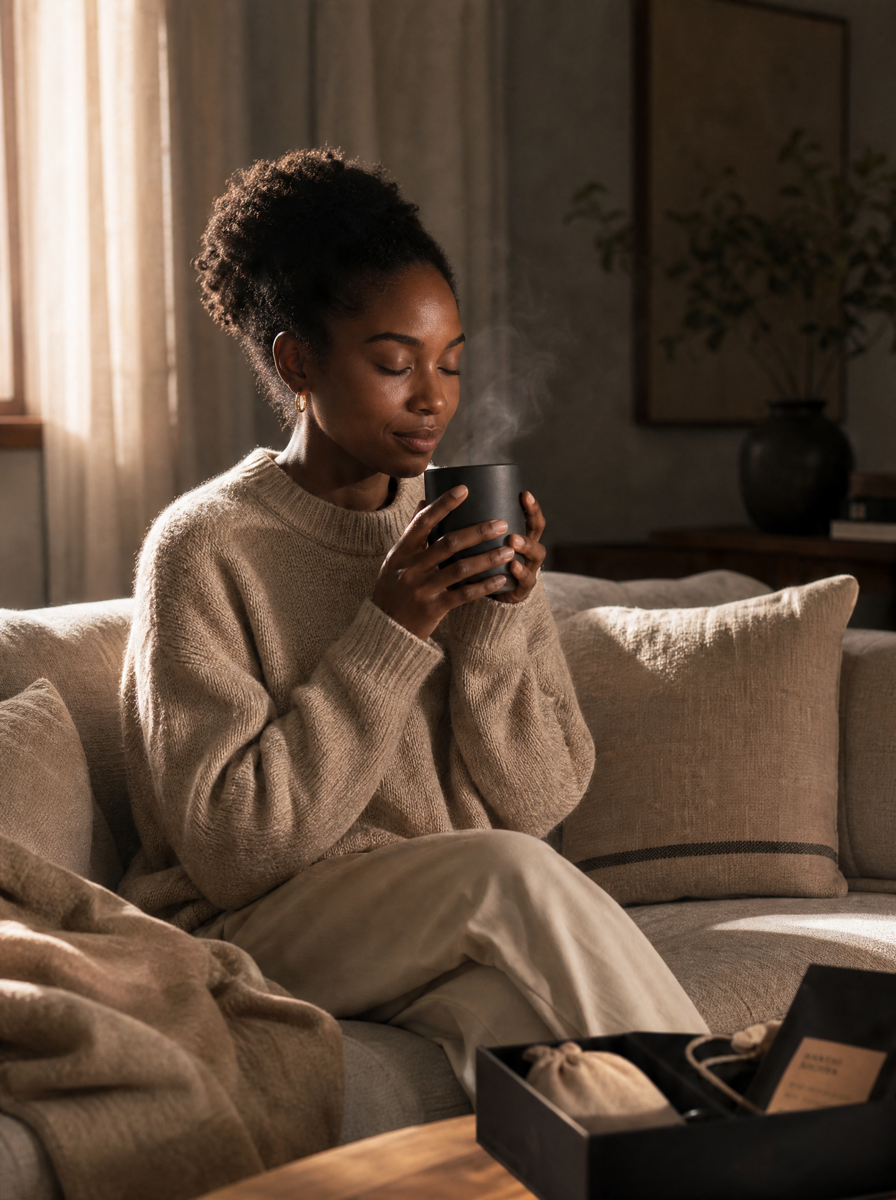Femme tenant mug fumant sur canapé – coffret cadeau café visible, lumière naturelle fenêtre, plante