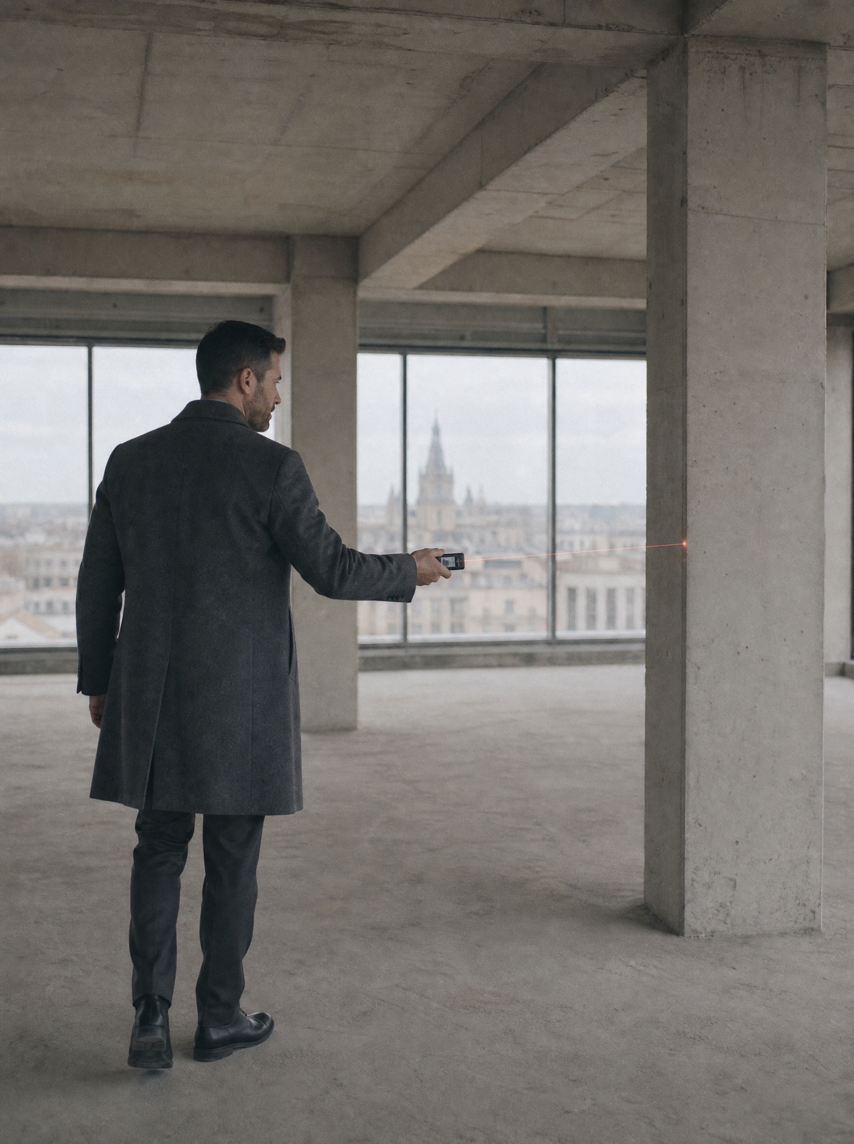 Expert mesurant un espace en béton brut avec télémètre laser dans un appartement en chantier panoramique