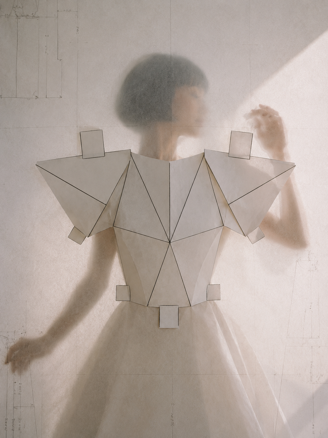 Femme de dos en corsage origami – silhouette diffuse à travers tissu, lumière rasante studio