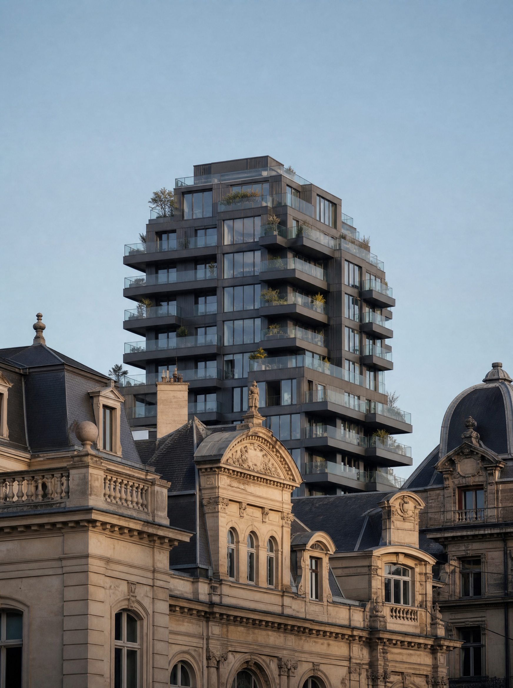 Tour résidentielle contemporaine avec terrasses verdoyantes se dressant au-dessus de toitures haussmanniennes