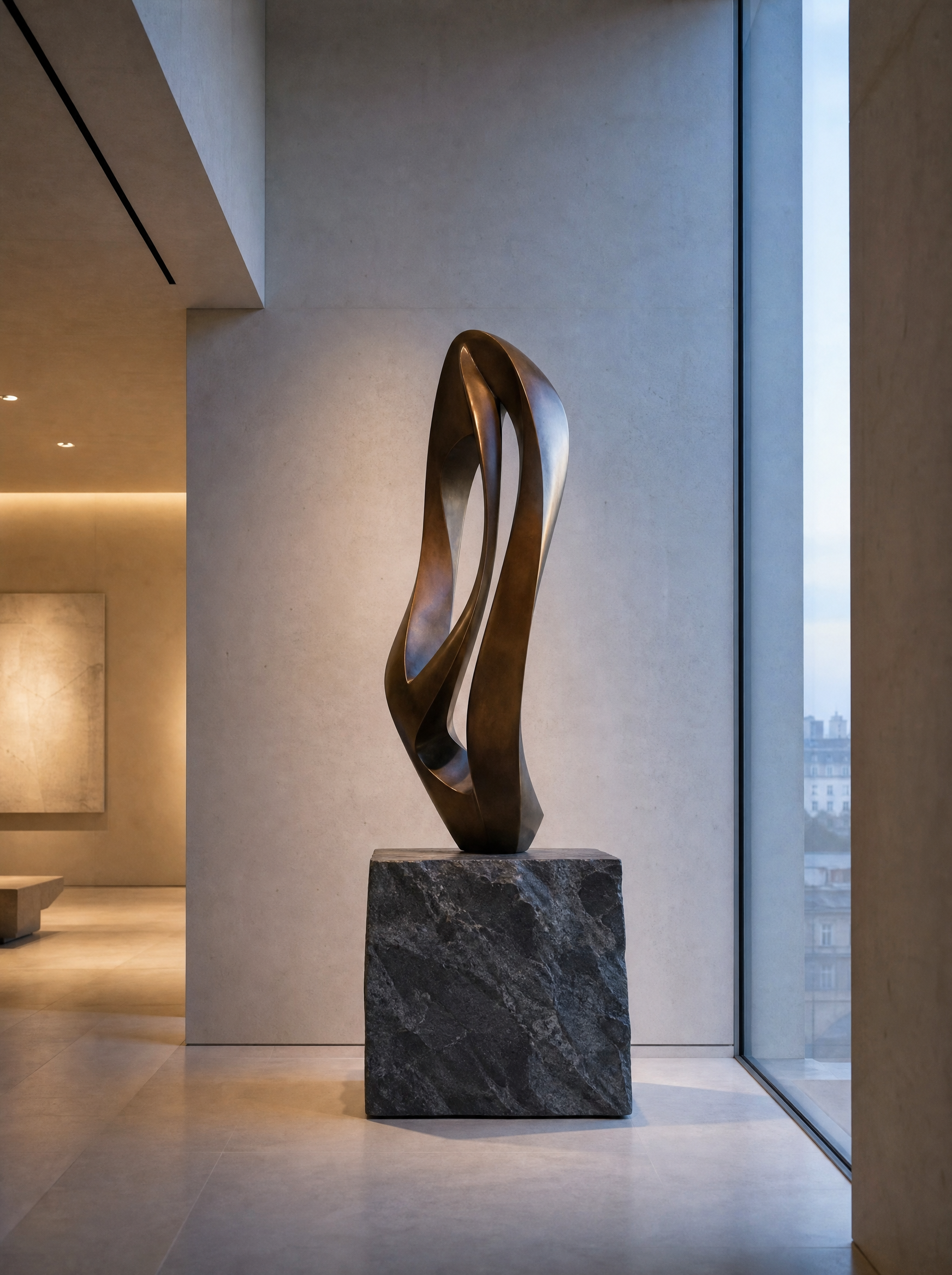 Sculpture en bronze abstrait sur socle en marbre dans un hall contemporain lumineux avec vue sur Paris