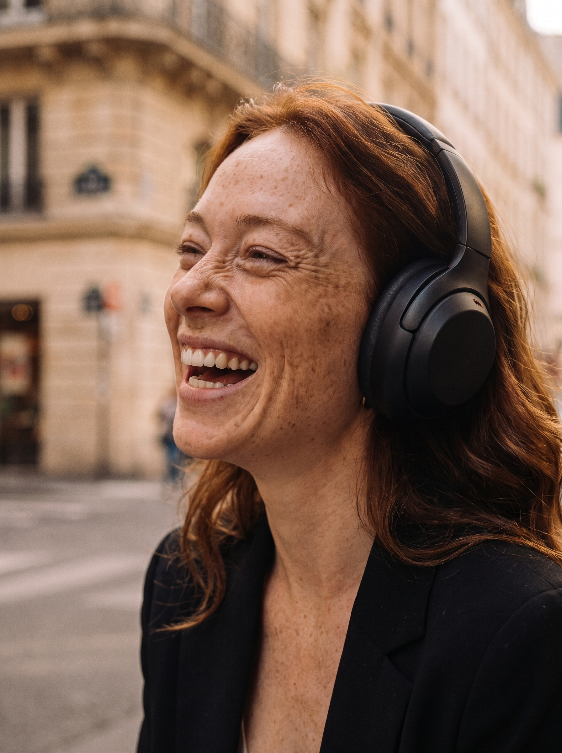 Femme rousse riant avec un casque audio dans une rue parisienne haussmannienne