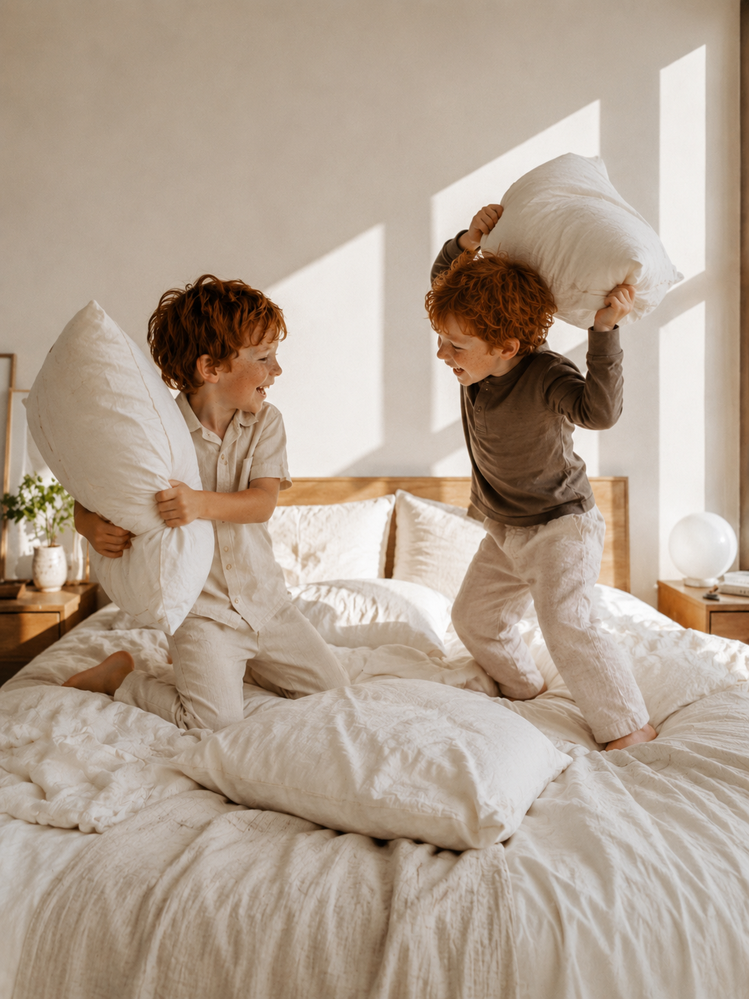 Deux frères roux en bataille d'oreillers sur le lit – chambre lumineuse et minimaliste