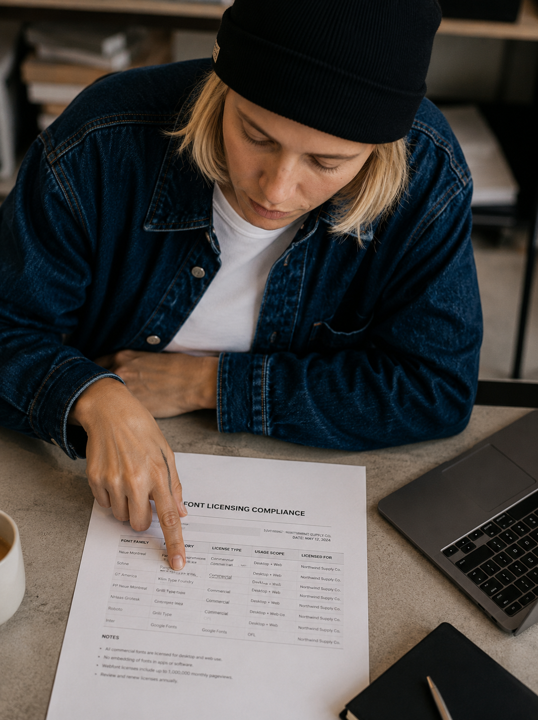 Directrice artistique – conformité licences typographiques, table