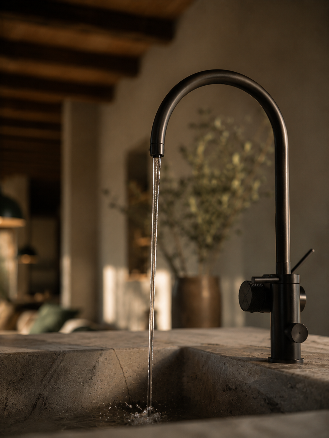 Gros plan sur robinet arc noir mat et jet d'eau sur évier en pierre travertin naturel, cuisine slow living