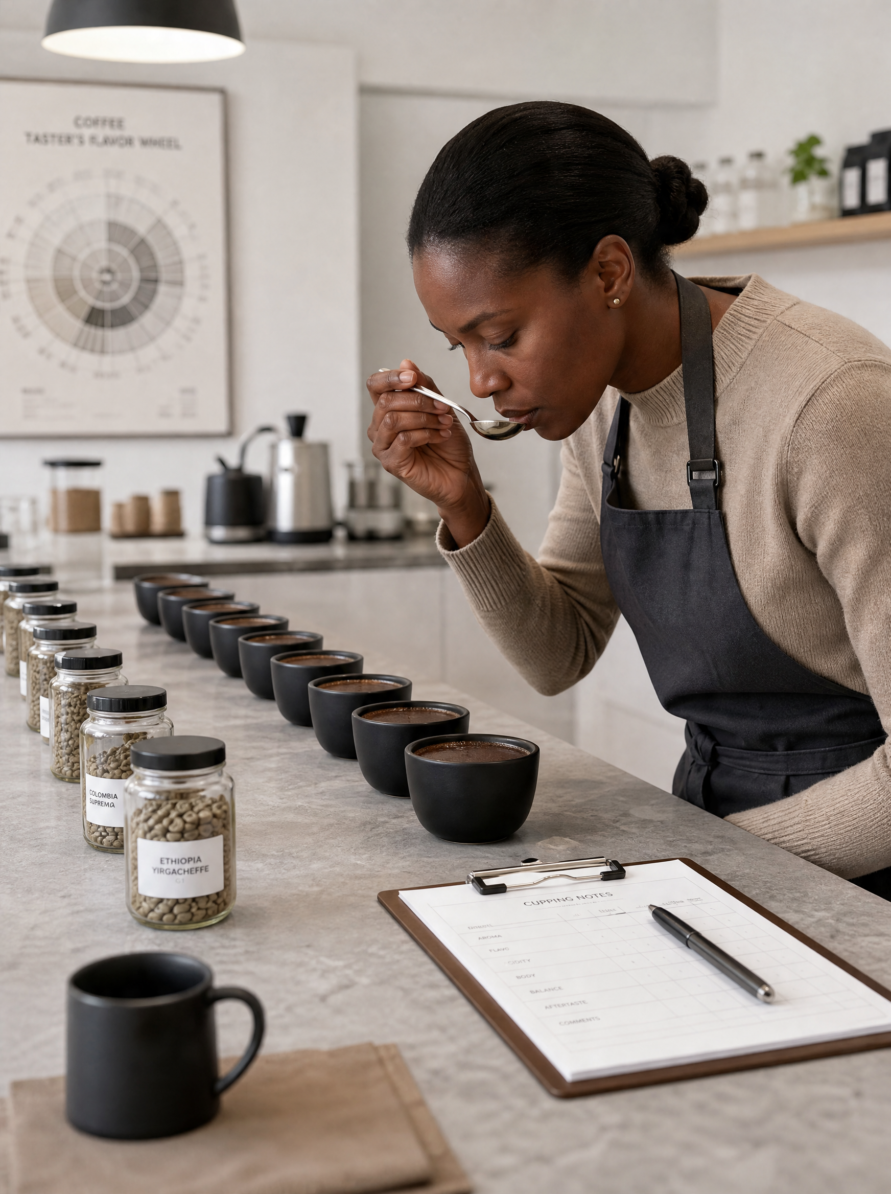 Femme dégustant café à la cuillère – rangée tasses, bocaux grains étiquetés, tablier, affiche roue des arômes