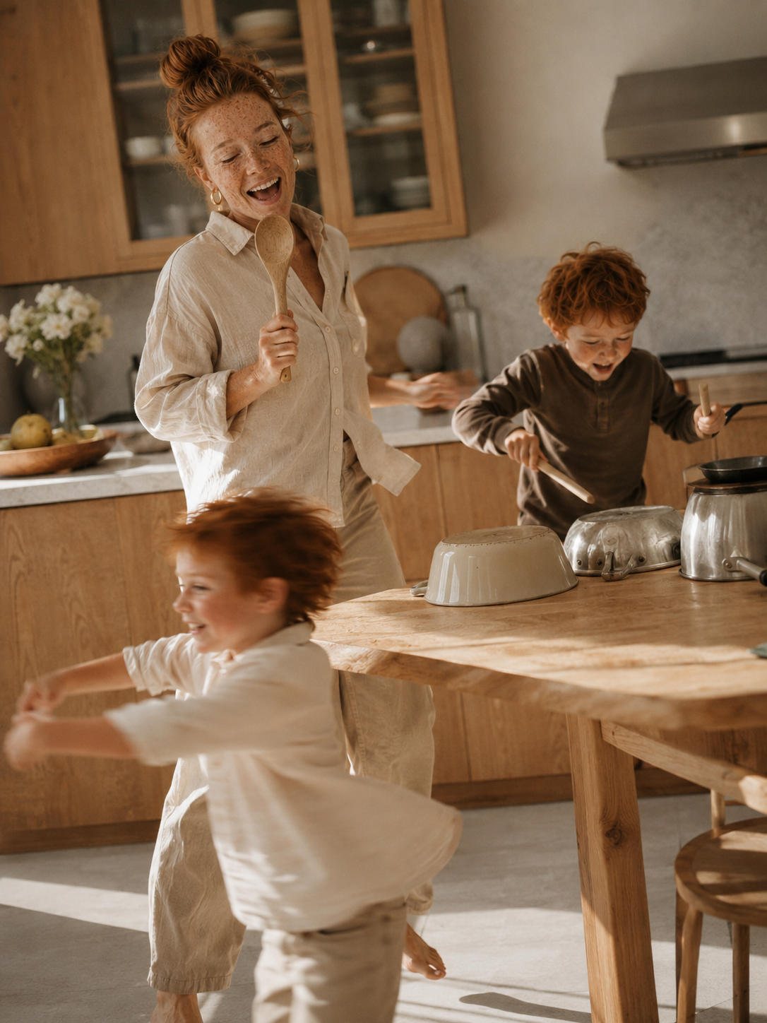 Mère riant dans la cuisine avec ses fils qui font du bruit