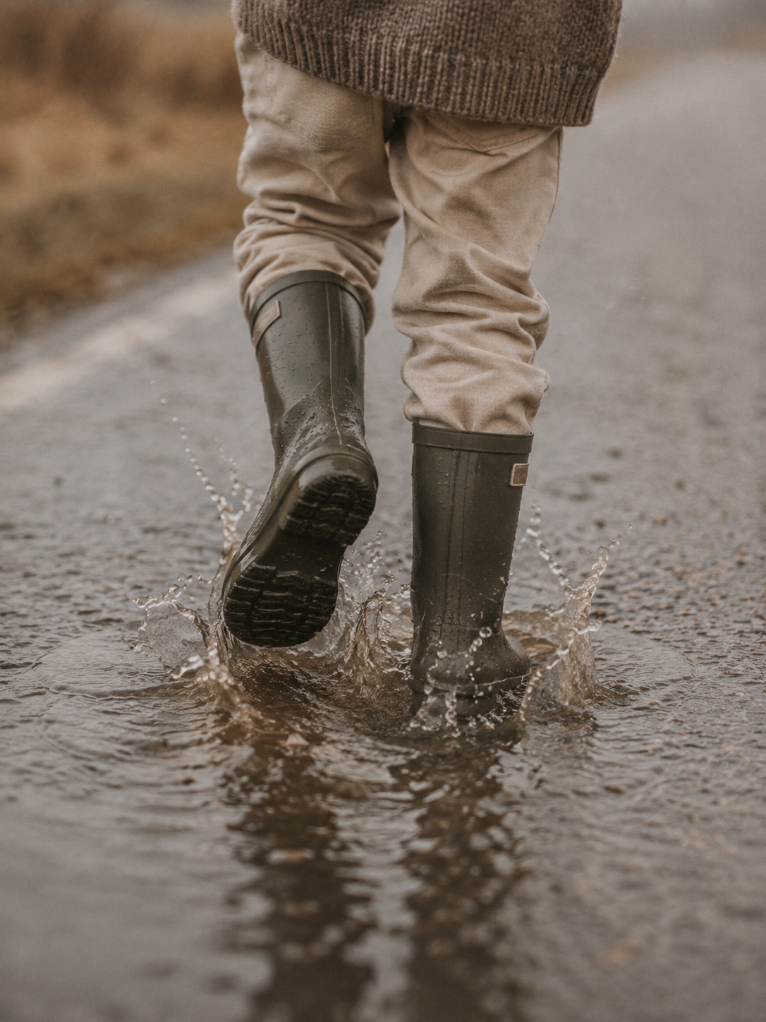Bottes en caoutchouc éclaboussant dans une flaque de pluie