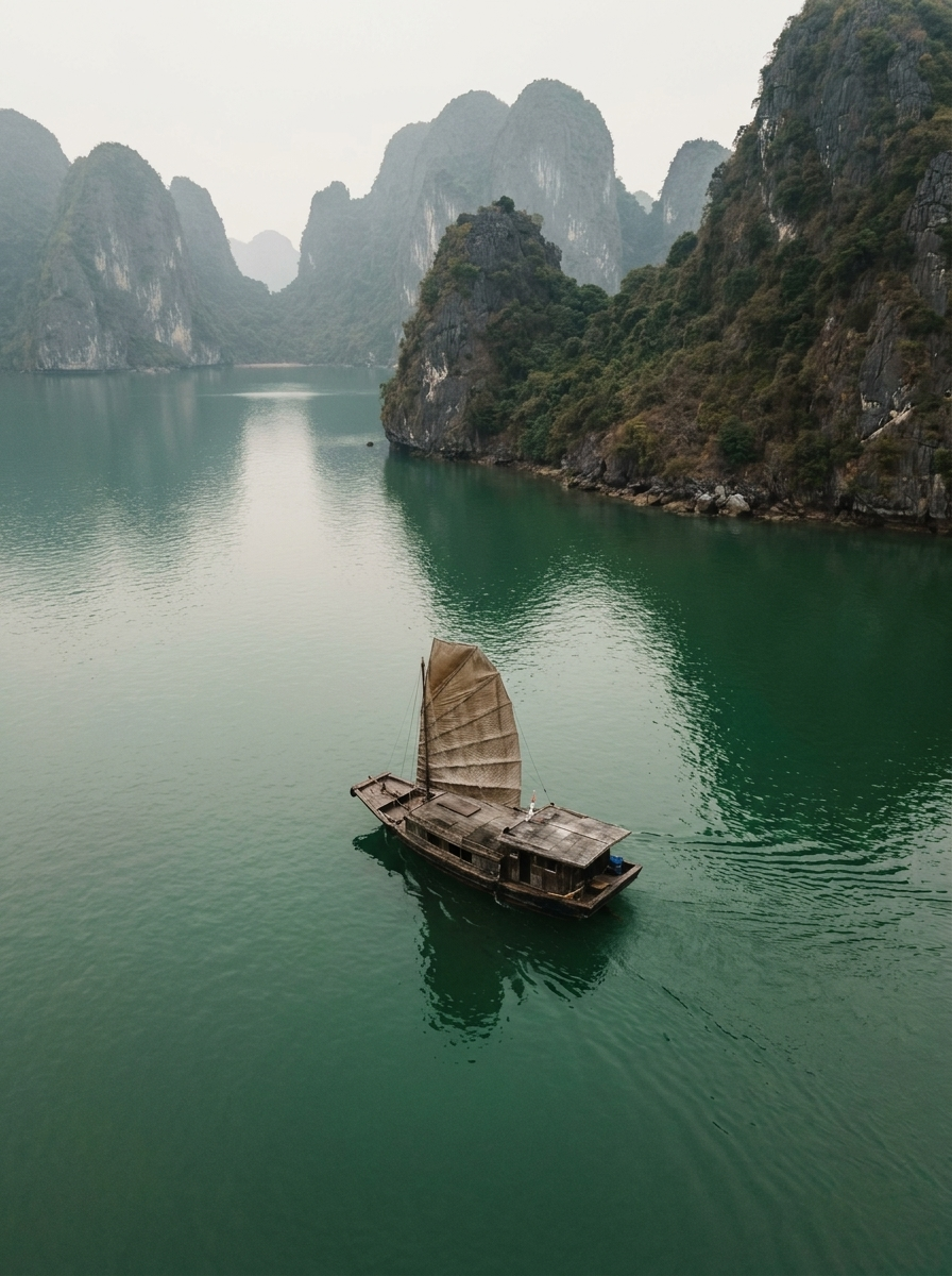 Jonque à voile déployée en Baie d'Halong sur eau verte calme, falaises karstiques dans la brume, vue aérienne rapprochée