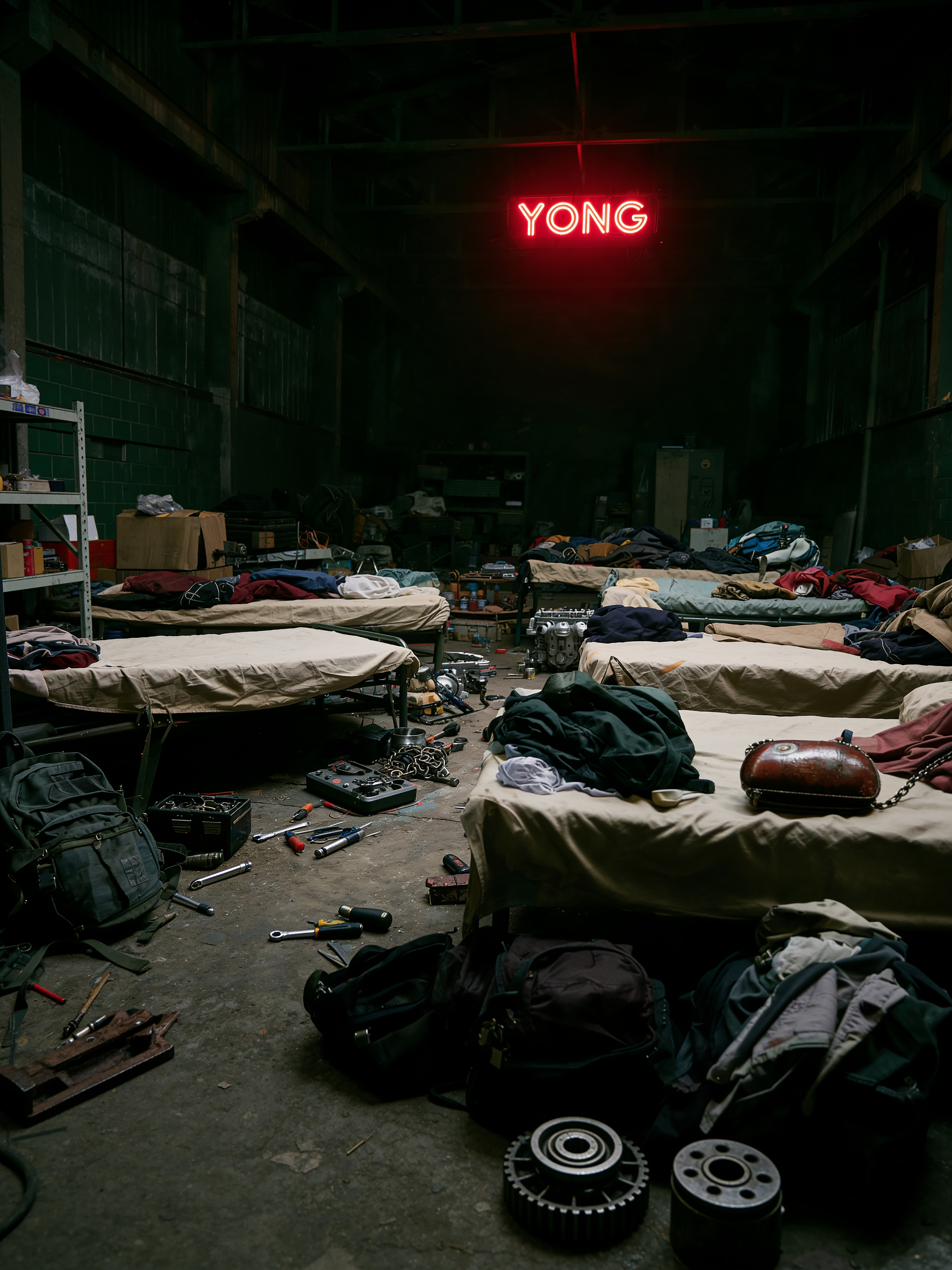 Dortoir clandestin dans un entrepôt industriel avec lits de camp et néon YONG rouge au plafond