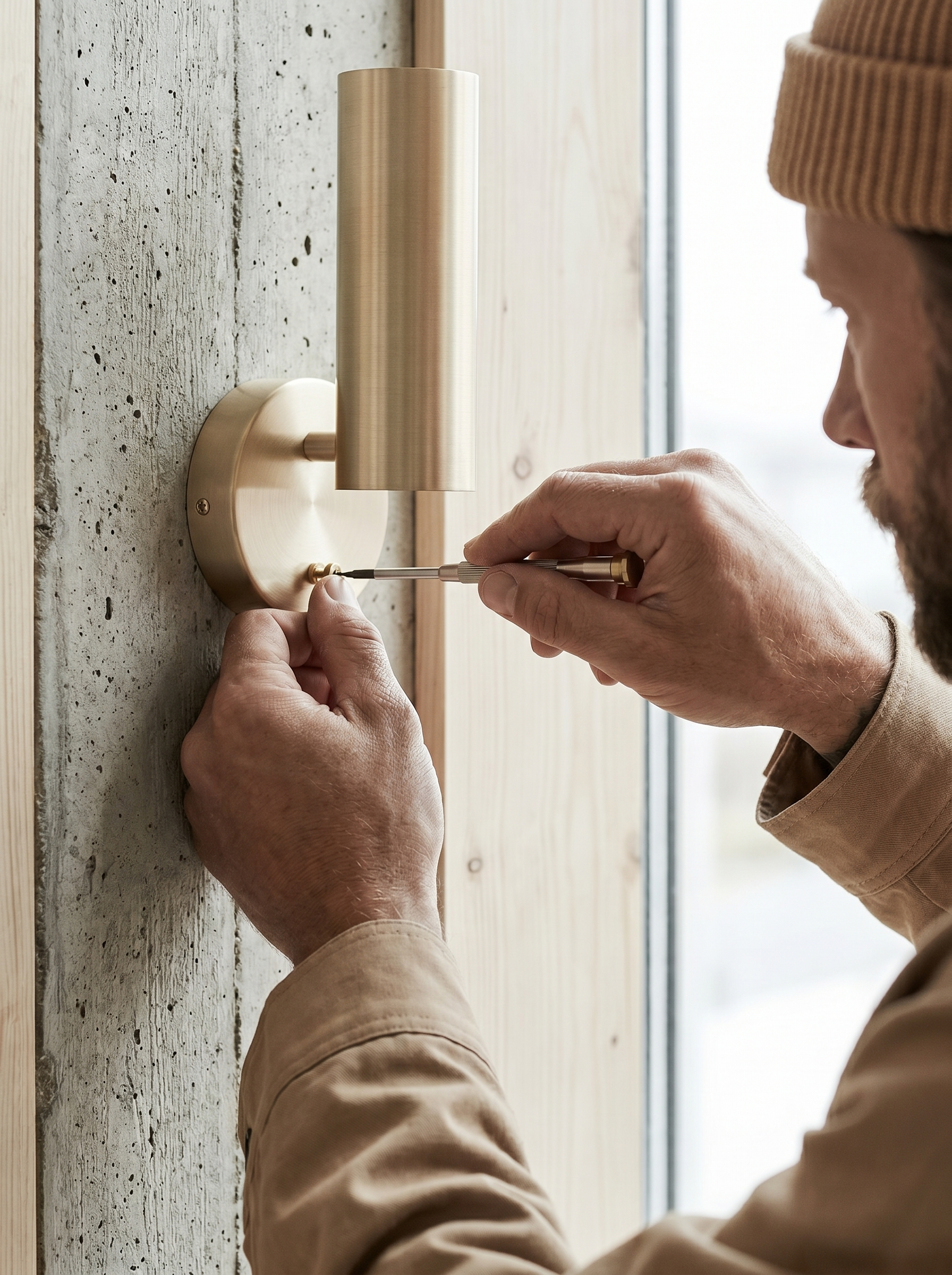 Électricien vissant une applique murale en laiton doré sur un mur en béton et bois