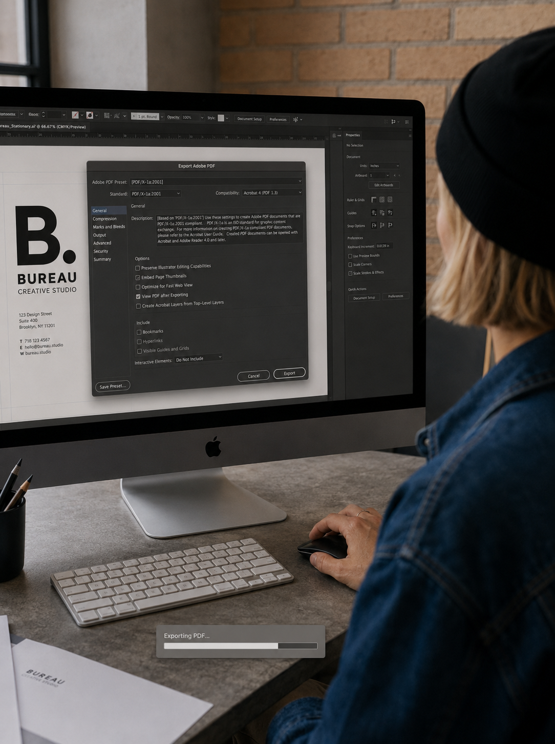 Graphiste ordinateur – logotype client, logiciel retouche, studio béton