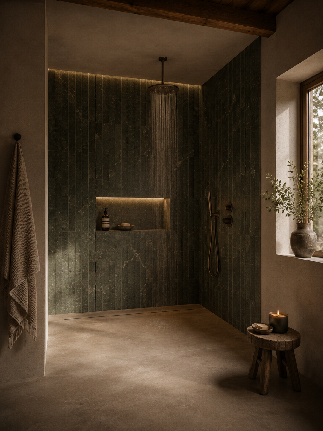 Douche italienne en marbre vert sombre avec robinetterie noire mate, tabouret bois, bougie et fenêtre