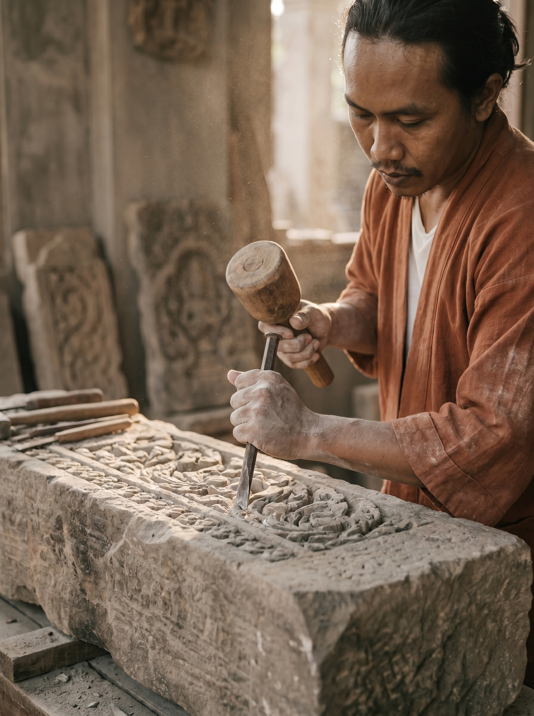 Artisan asiatique masculin sculptant motif végétal en relief sur bloc de pierre avec ciseau et maillet, atelier extérieur