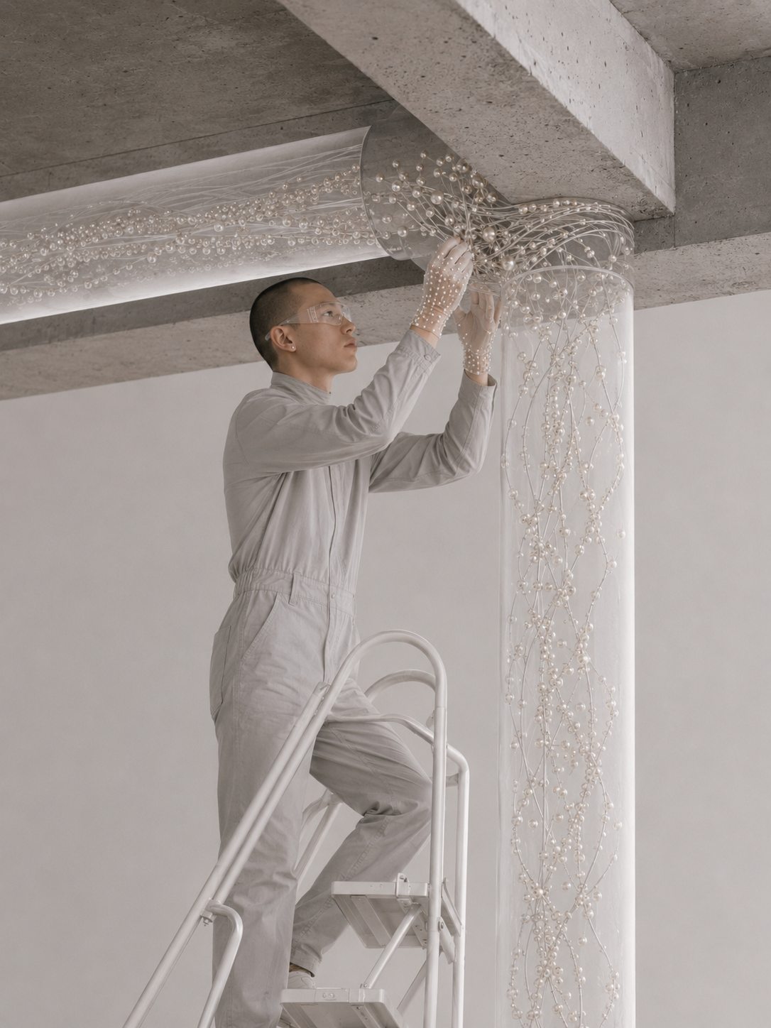 Technicien sur escabeau incrustant des perles à la jonction plafond-colonne d'un espace en béton