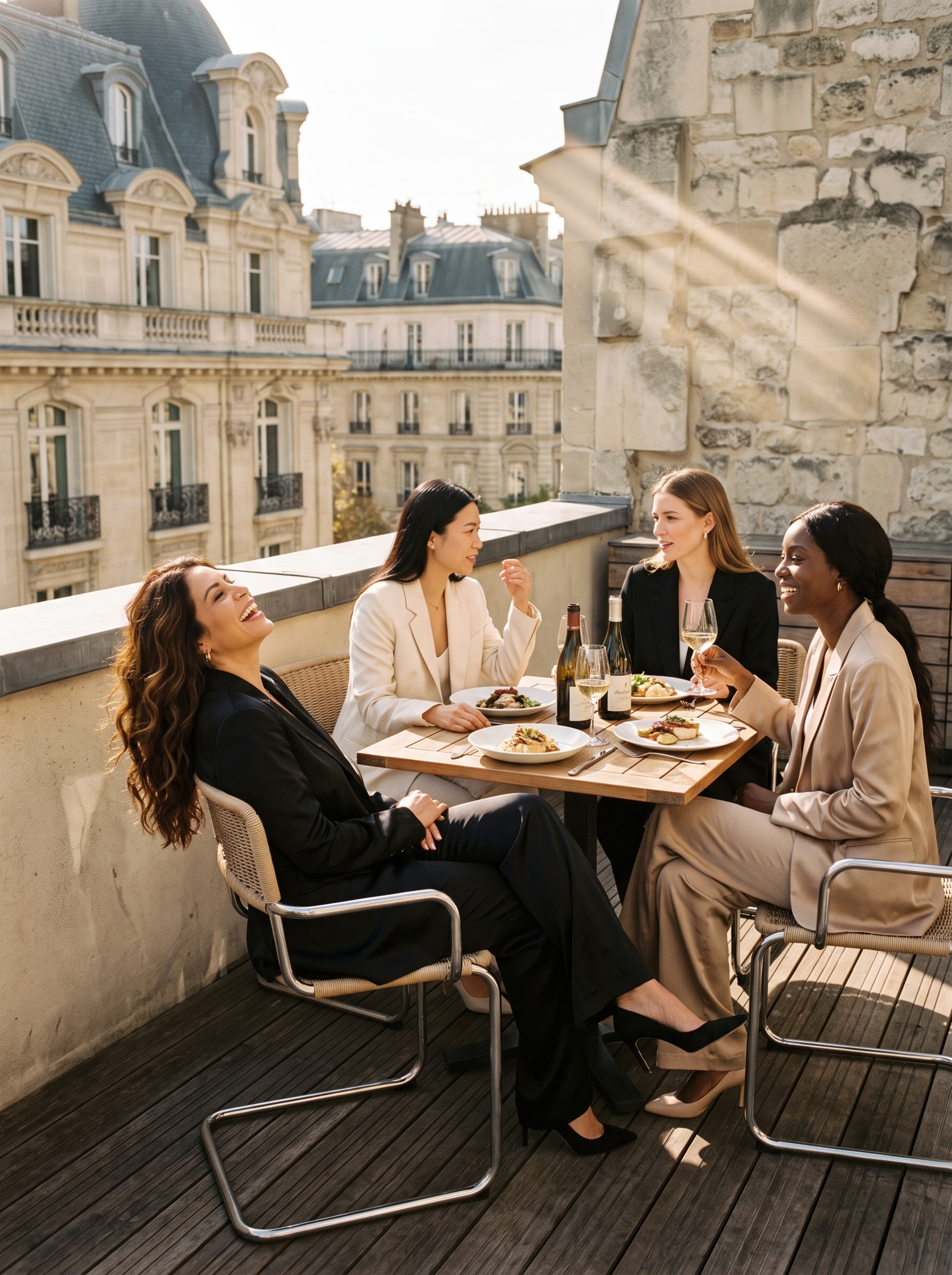 Quatre femmes déjeunant en terrasse avec vue sur les toits de Paris